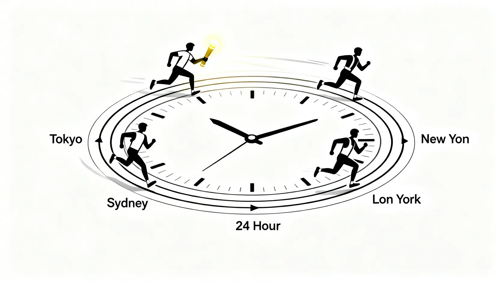 全球外匯市場24小時接力賽概念圖,象徵悉尼、東京、倫敦、紐約市場的無縫交接。
