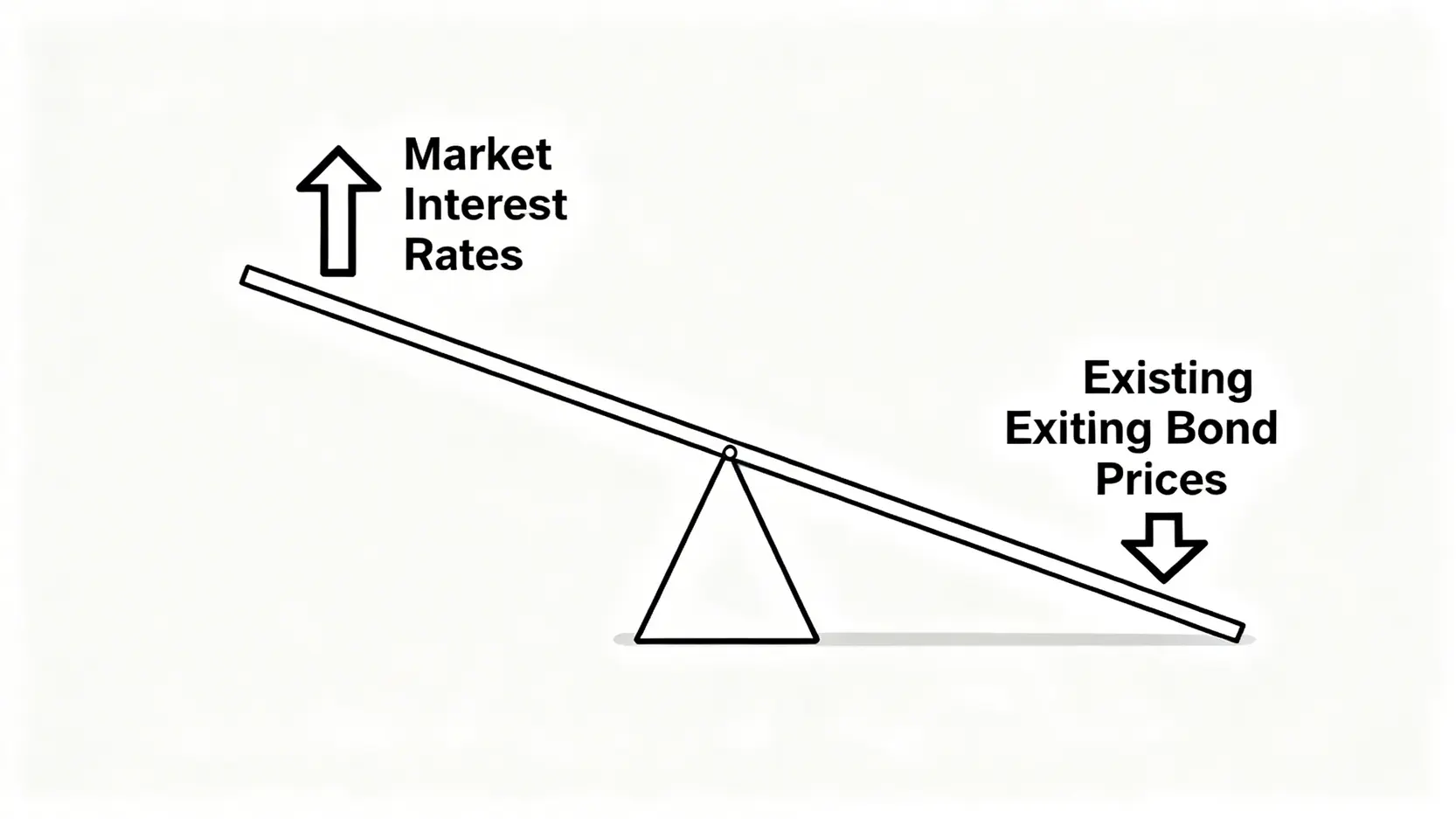 利率風險示意圖,用蹺蹺板比喻市場利率上升時,現有債券價格會下跌的反向關係。