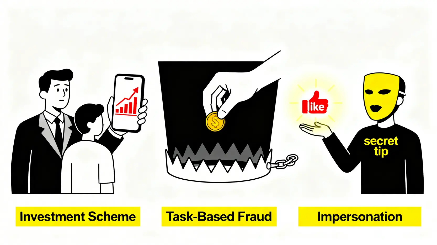一張圖解三種常見Instagram賺錢騙局的示意圖,包括投資詐騙、任務詐騙和假冒名人詐騙。
