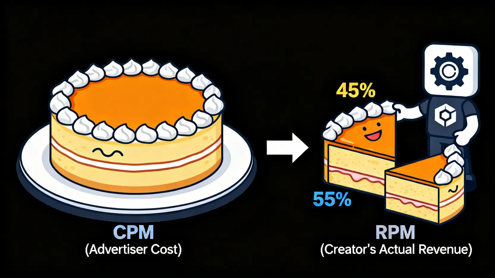 CPM與RPM的區別示意圖,用一塊蛋糕被平台分走一部分後,創作者實際得到的收益來比喻兩者關係。