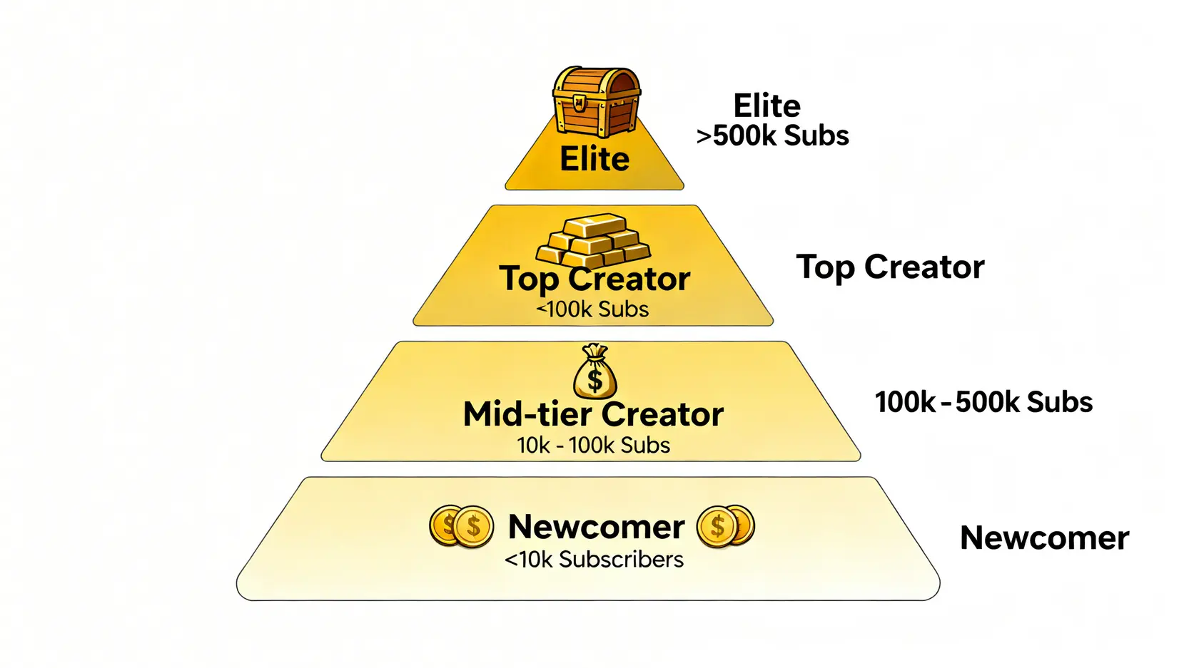 香港YouTuber收入金字塔結構圖,展示了從新手到頂級創作者四個不同級別的訂閱人數與預期收入差距。
