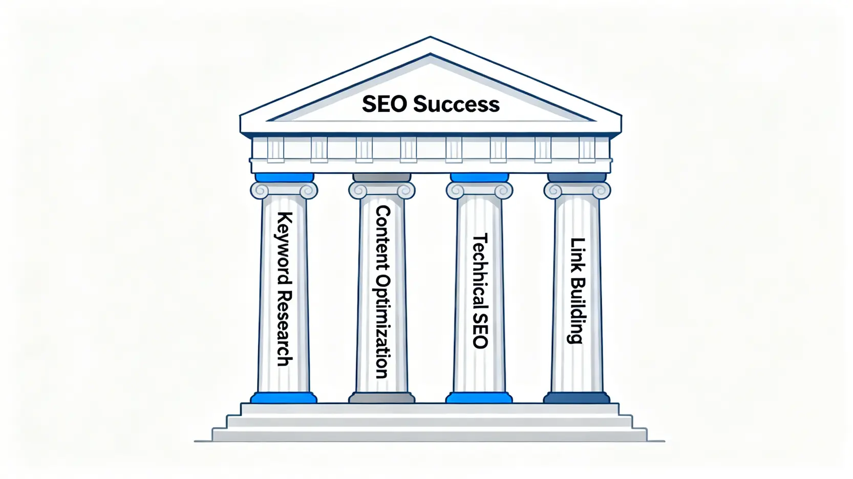 SEO成功的四大基礎支柱圖,分別是關鍵字研究、內容優化、技術性SEO和連結建立。