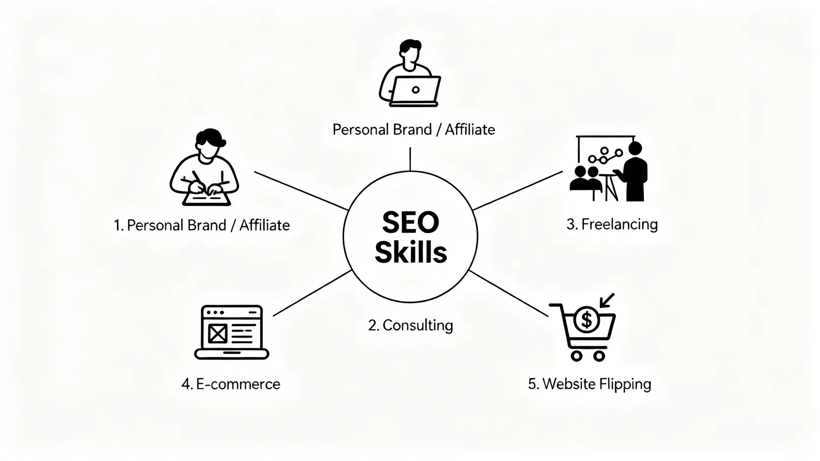 SEO技能變現的五種模式流程圖,包括個人品牌、自由工作者、顧問服務、電商和網站買賣。