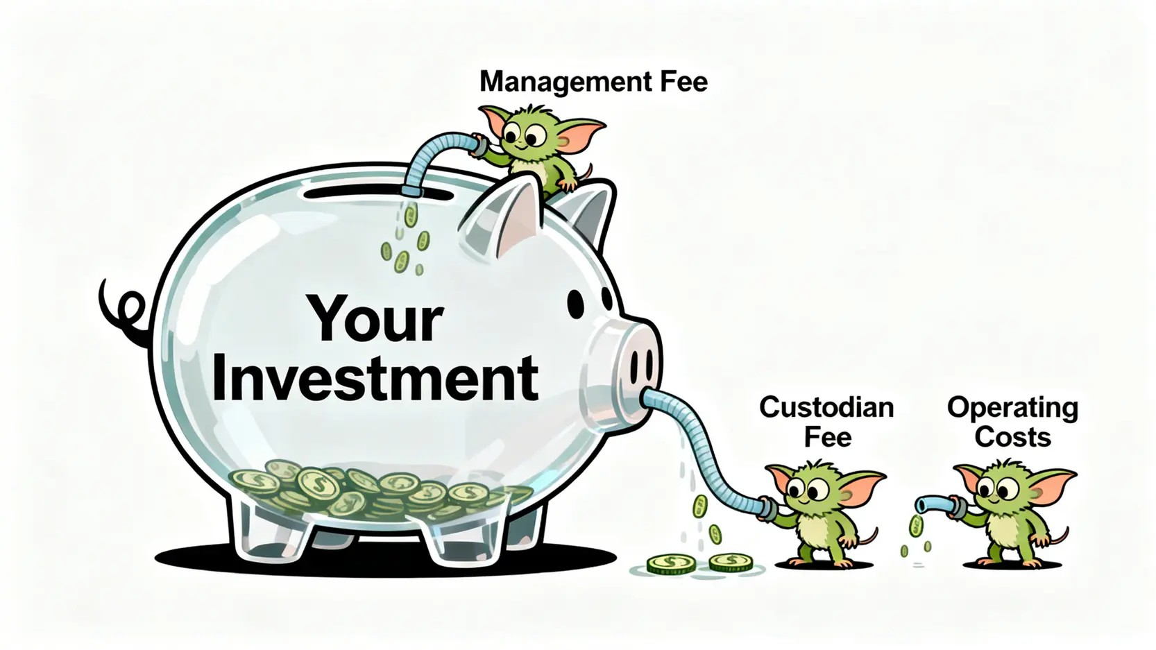 一張概念圖,展示了多種ETF隱藏費用(如管理費、託管費)如小怪物般從投資回報中拿走金錢,說明了內扣費用對長期收益的影響。