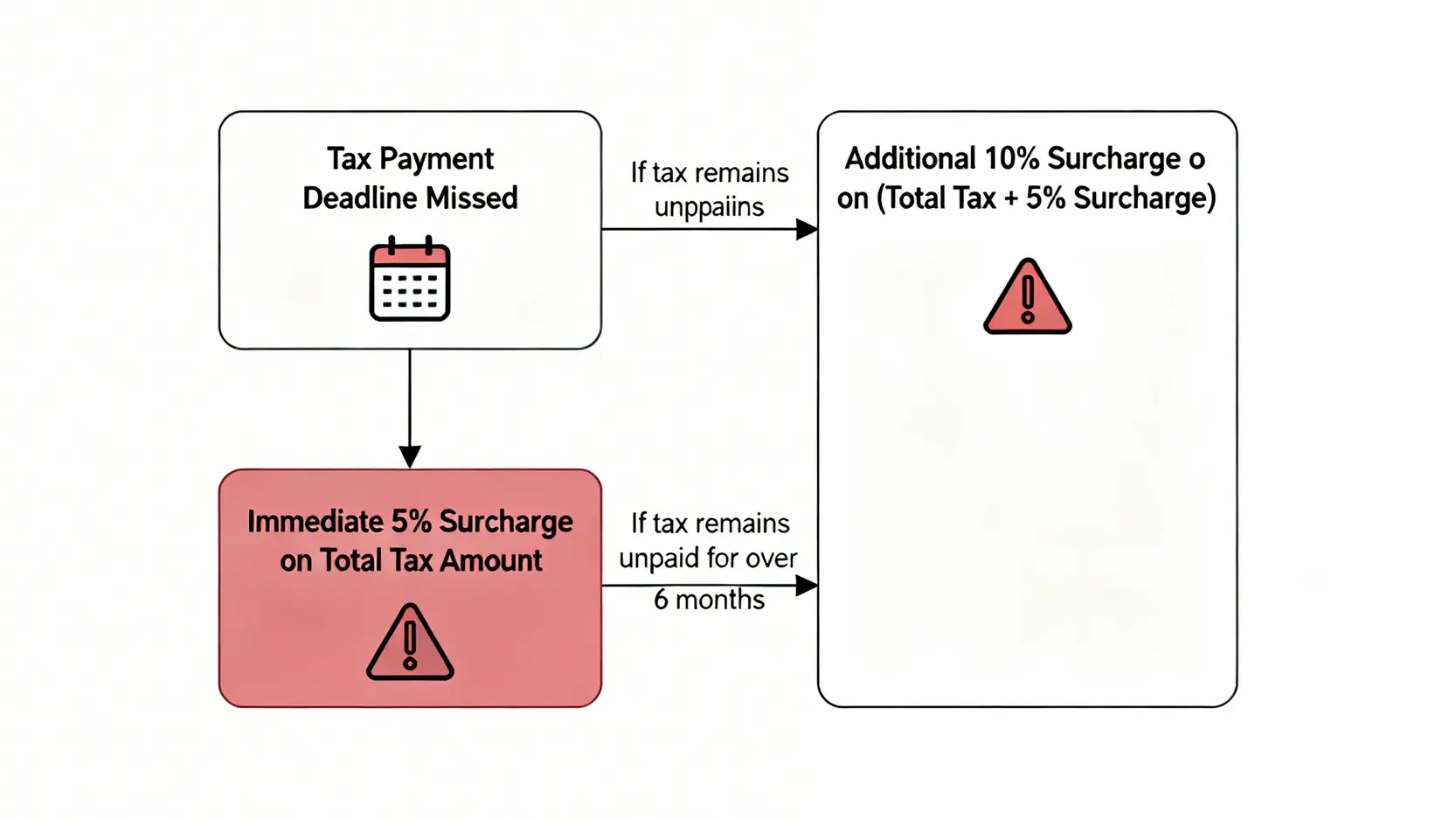 一張流程圖,說明香港遲交稅的罰款機制,從錯過繳稅期限開始,到即時徵收5%附加費,再到超過6個月後加徵10%附加費的過程。