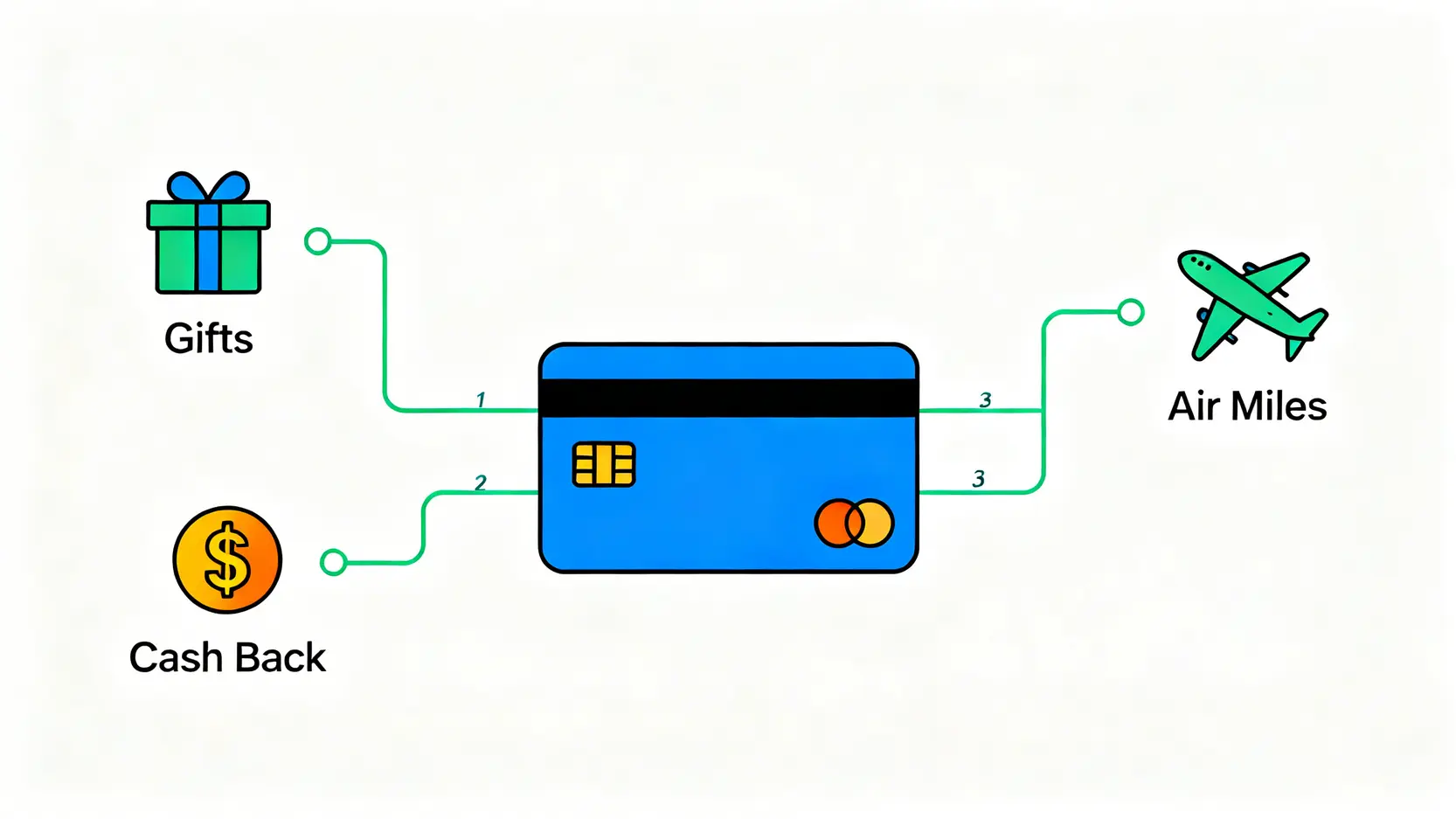 信用卡迎新優惠三大類型示意圖,分別指向實體禮品、現金回贈和飛行里數。