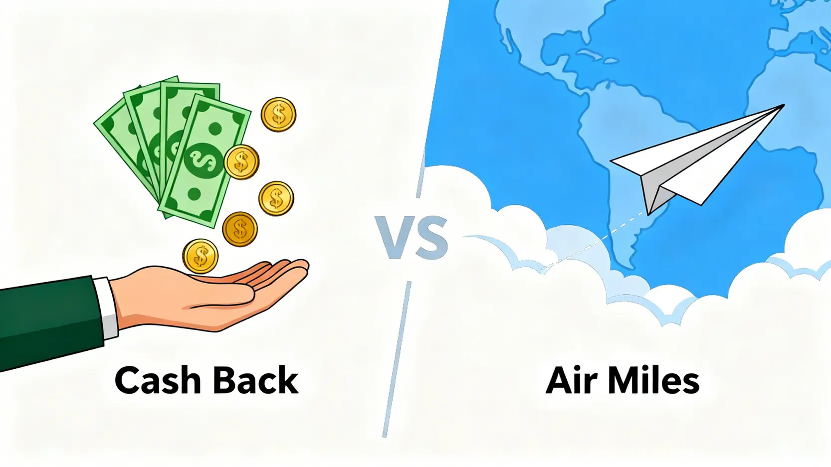 信用卡現金回贈與飛行里數的對比圖,左邊是代表現金回贈的金錢符號,右邊是代表飛行里數的飛機與地球。