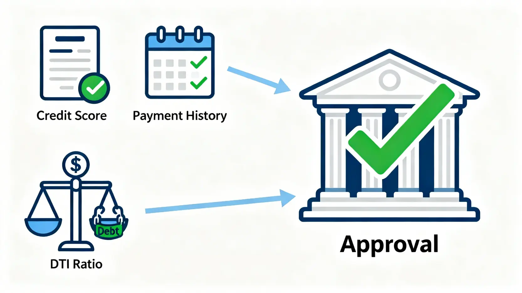 銀行審批信用卡提額申請的三大關鍵準則示意圖,包括信貸評級、還款紀錄以及收入與負債比率。