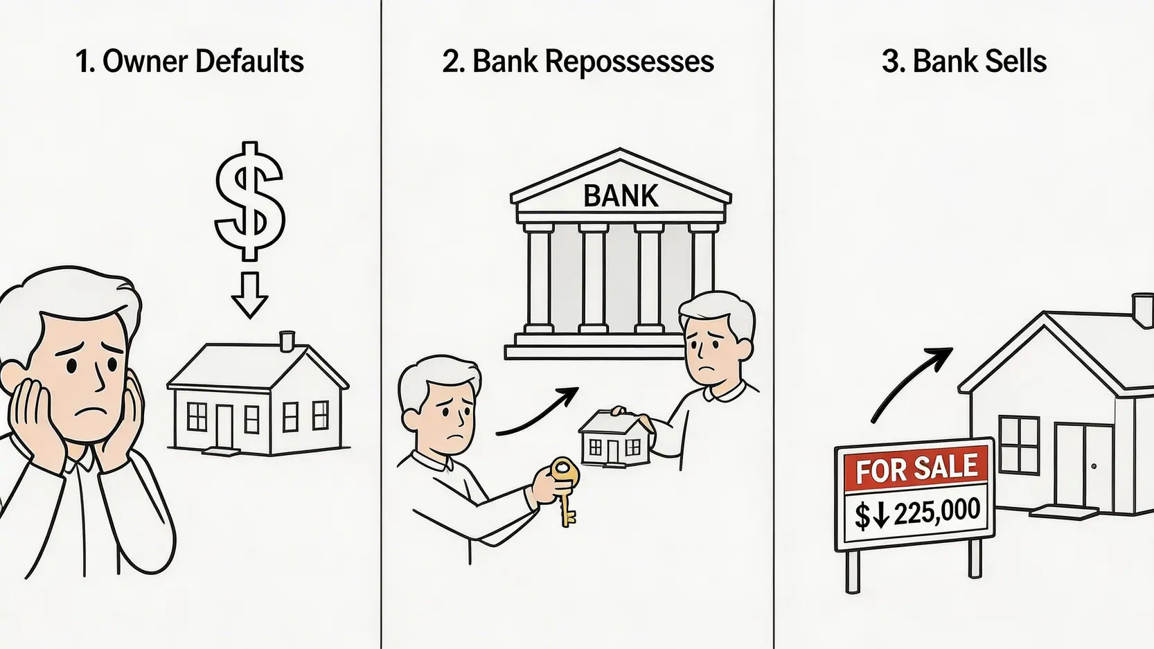 銀主盤形成過程示意圖,展示了從原業主拖欠貸款到銀行收回物業並出售的流程。