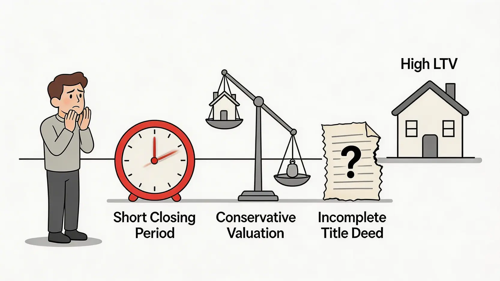 影響銀主盤高成數按揭的三大障礙圖解,分別是成交期短、估價保守和業權不完整。