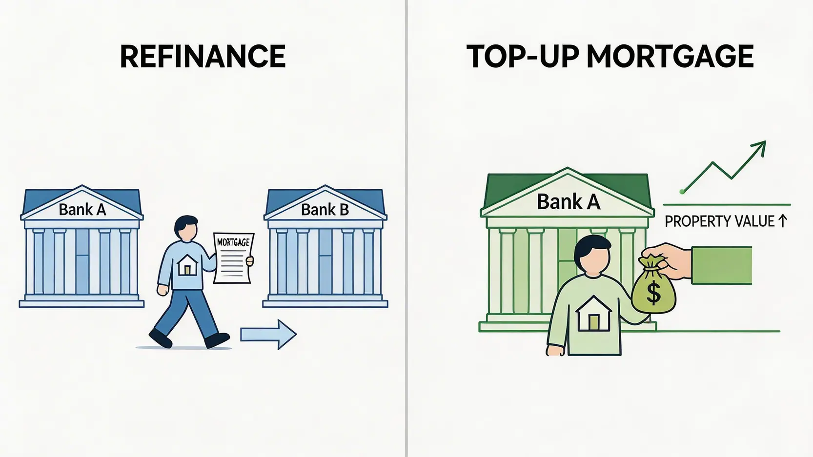 轉按與加按的分別對比圖。左邊顯示轉按是將貸款轉移到新銀行,右邊顯示加按是在原銀行因物業升值而增加貸款。