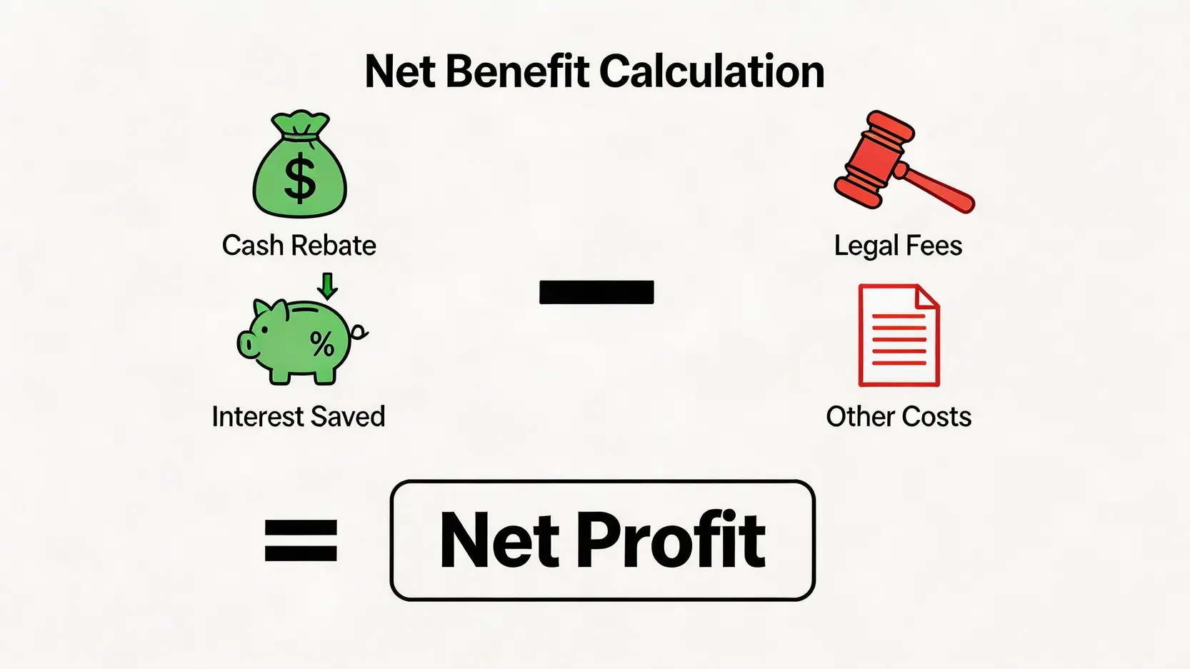 轉按淨收益計算公式的示意圖,顯示現金回贈加上節省的利息,再減去律師費等成本,等於最終的淨收益。