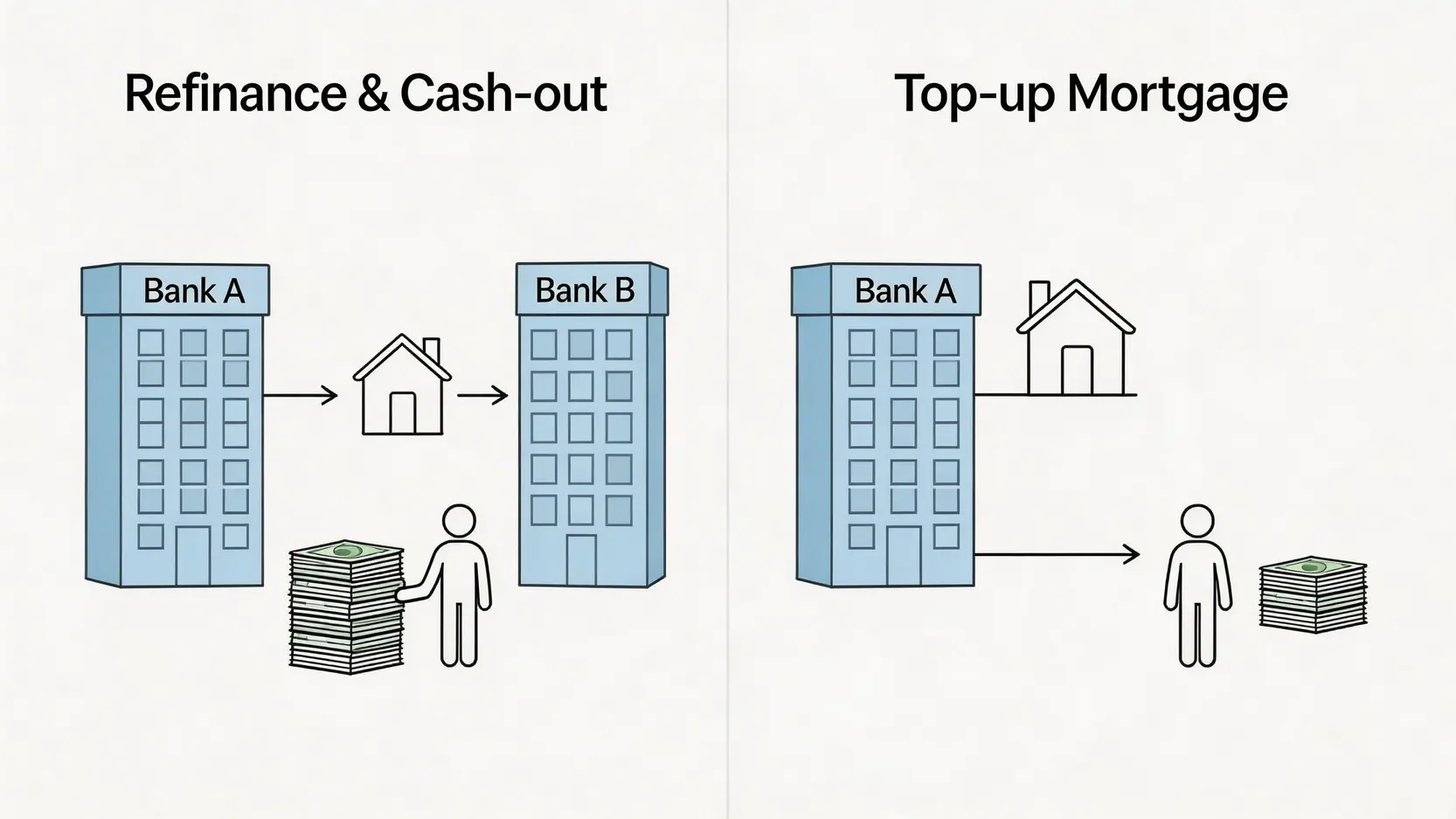一張對比圖,展示「轉按套現」與「加按套現」的區別。轉按是將物業從A銀行轉至B銀行以獲取更多現金,而加按則是在原有A銀行的基礎上增加貸款。