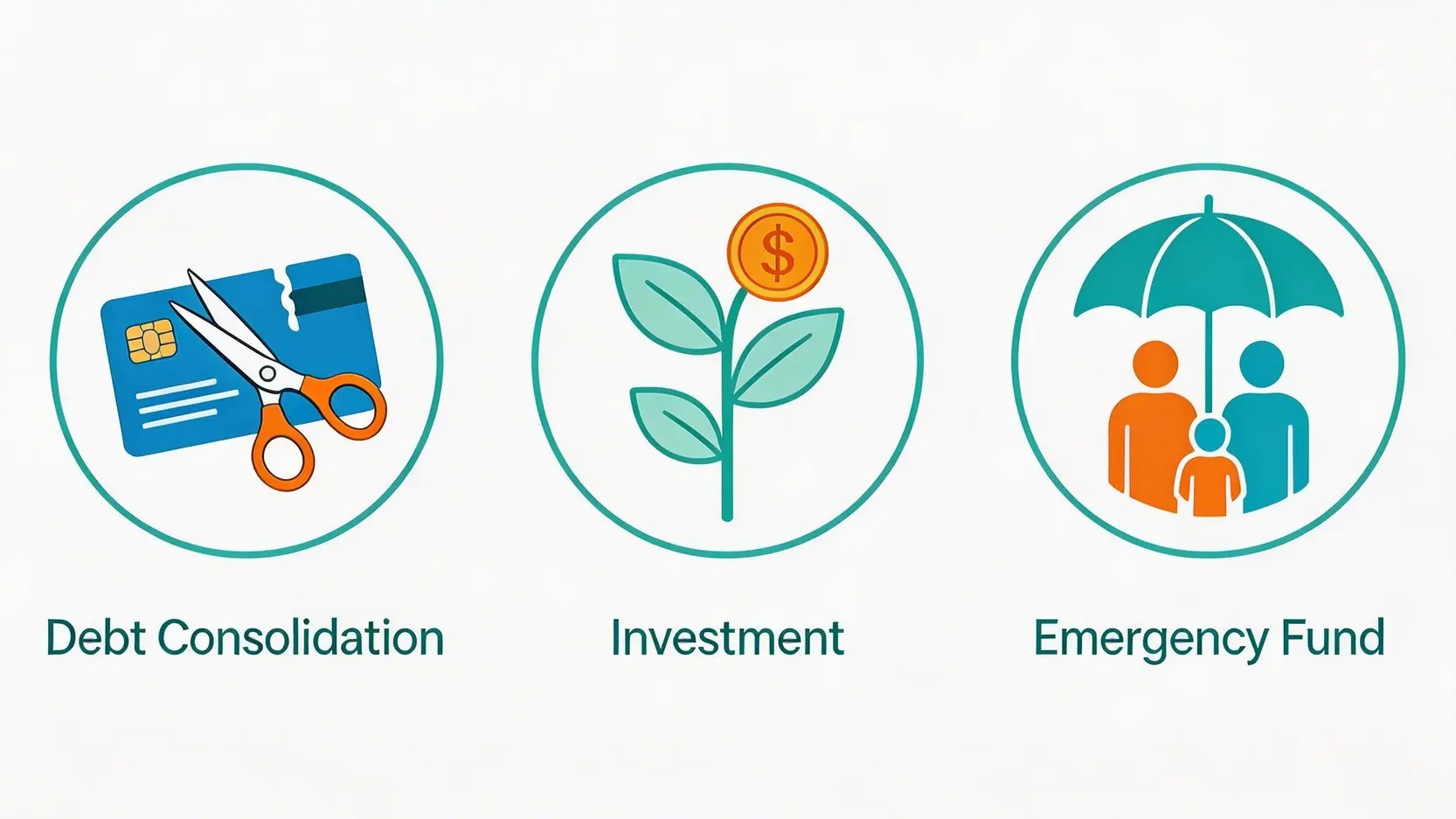 三個圖標展示轉按套現資金的三大精明用途:整合高息債務、創造投資機會、以及建立家庭應急儲備金。