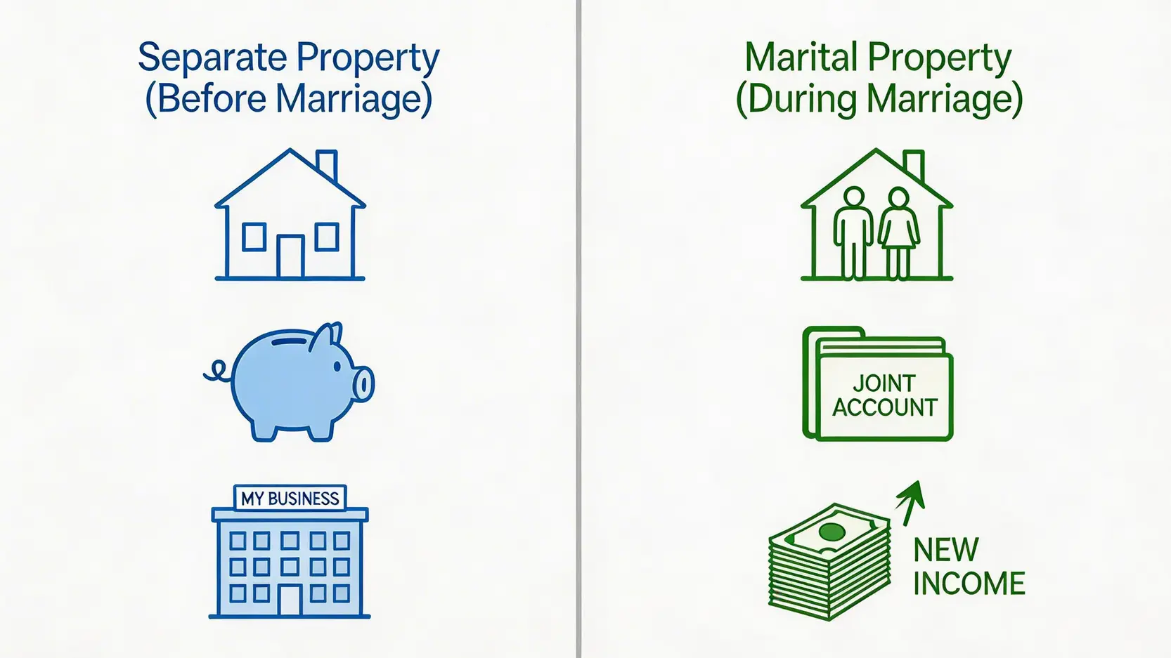 一張對比圖,清楚區分婚前個人資產(如個人物業、儲蓄)與婚後共同資產(如共同居所、聯名戶口)。