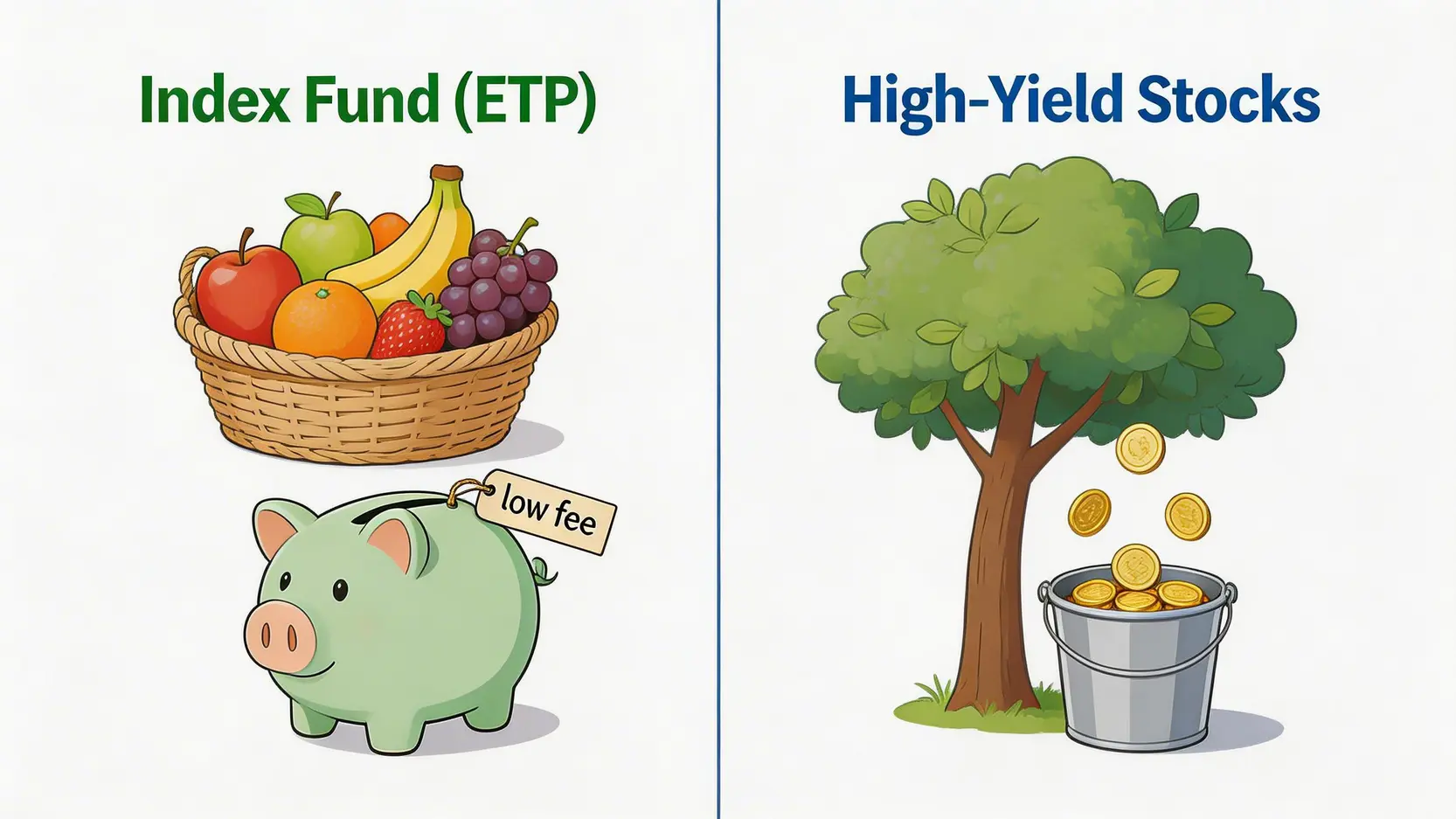 ETF指數基金與高息藍籌股的投資策略對比圖,展示了兩者在分散風險和現金流方面的不同特點。