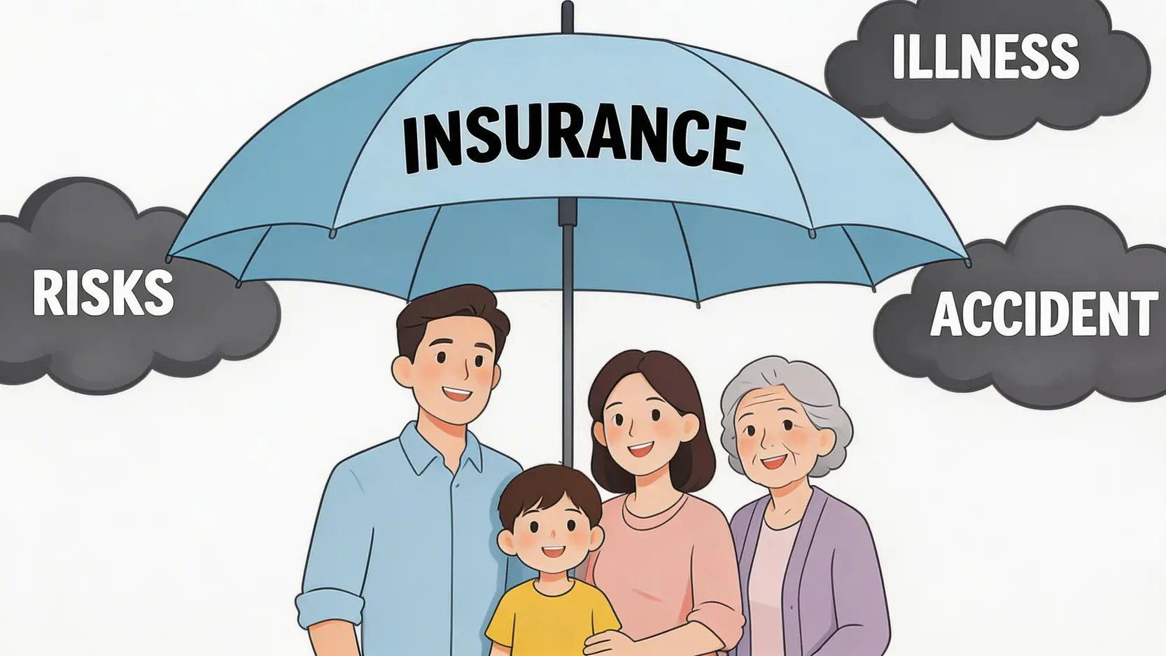 一張概念圖,展示一把寫著「保險」的大傘,保護著一個家庭免受意外和疾病等風險的侵害。