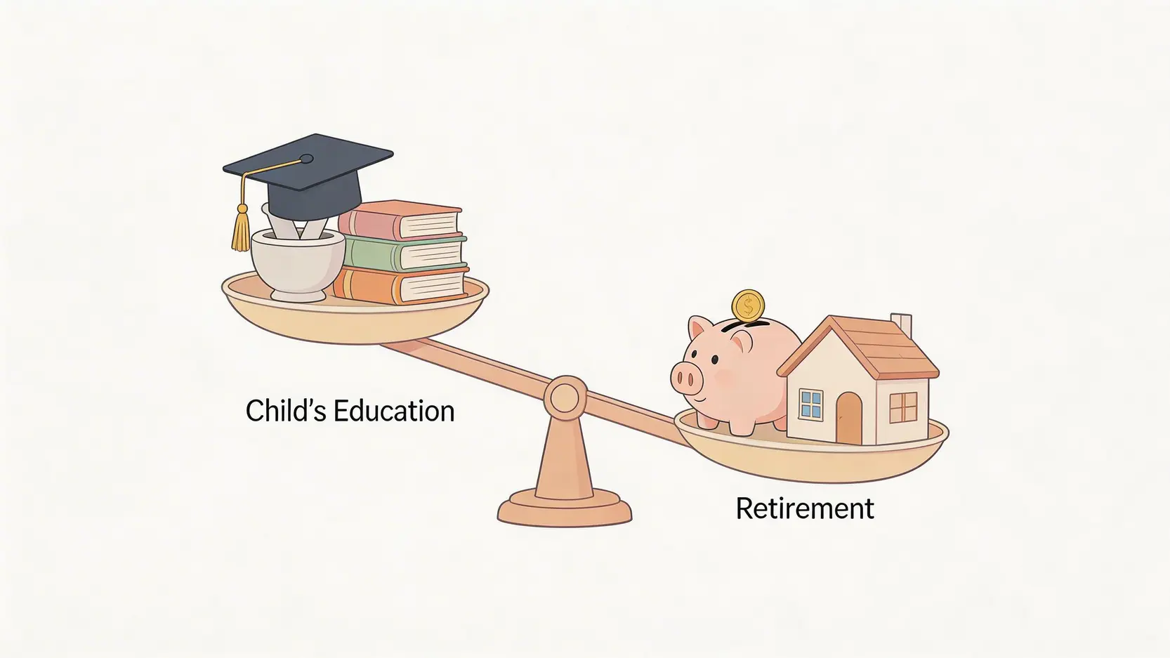 一個平衡磅,一邊是代表子女教育的畢業帽,另一邊是代表退休規劃的存錢筒,象徵著兩者的權衡。