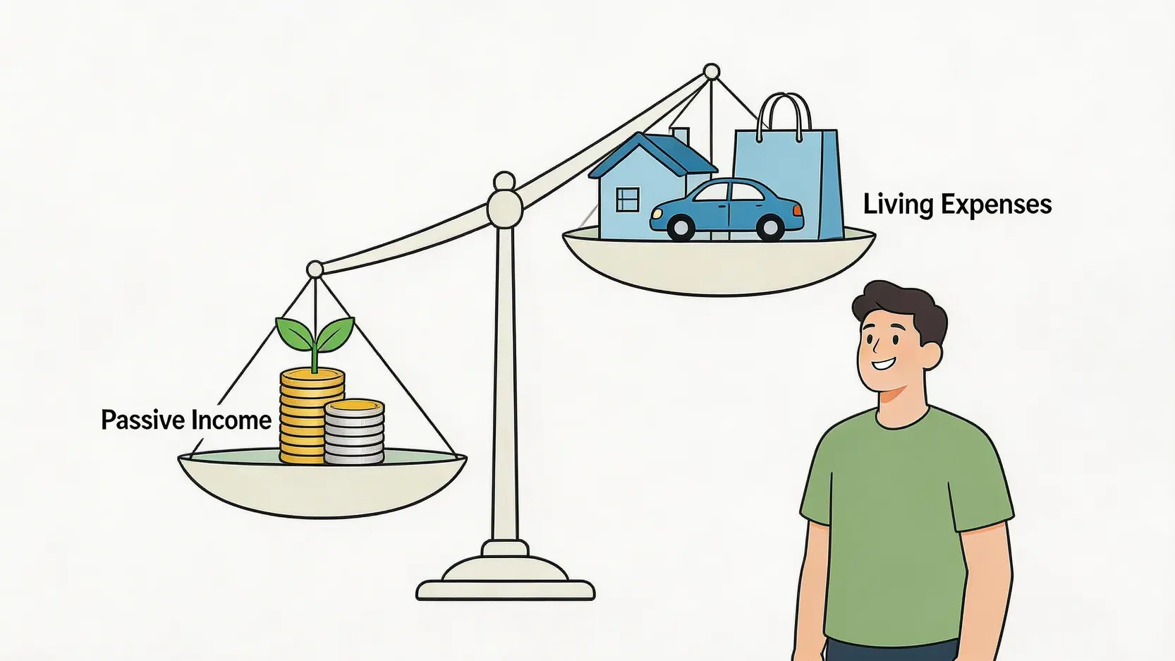 一張示意圖,展示一個天秤,一邊是代表「被動收入」的錢幣和植物,重量超過了另一邊代表「生活開支」的房屋和購物袋,象徵財務自由的狀態。