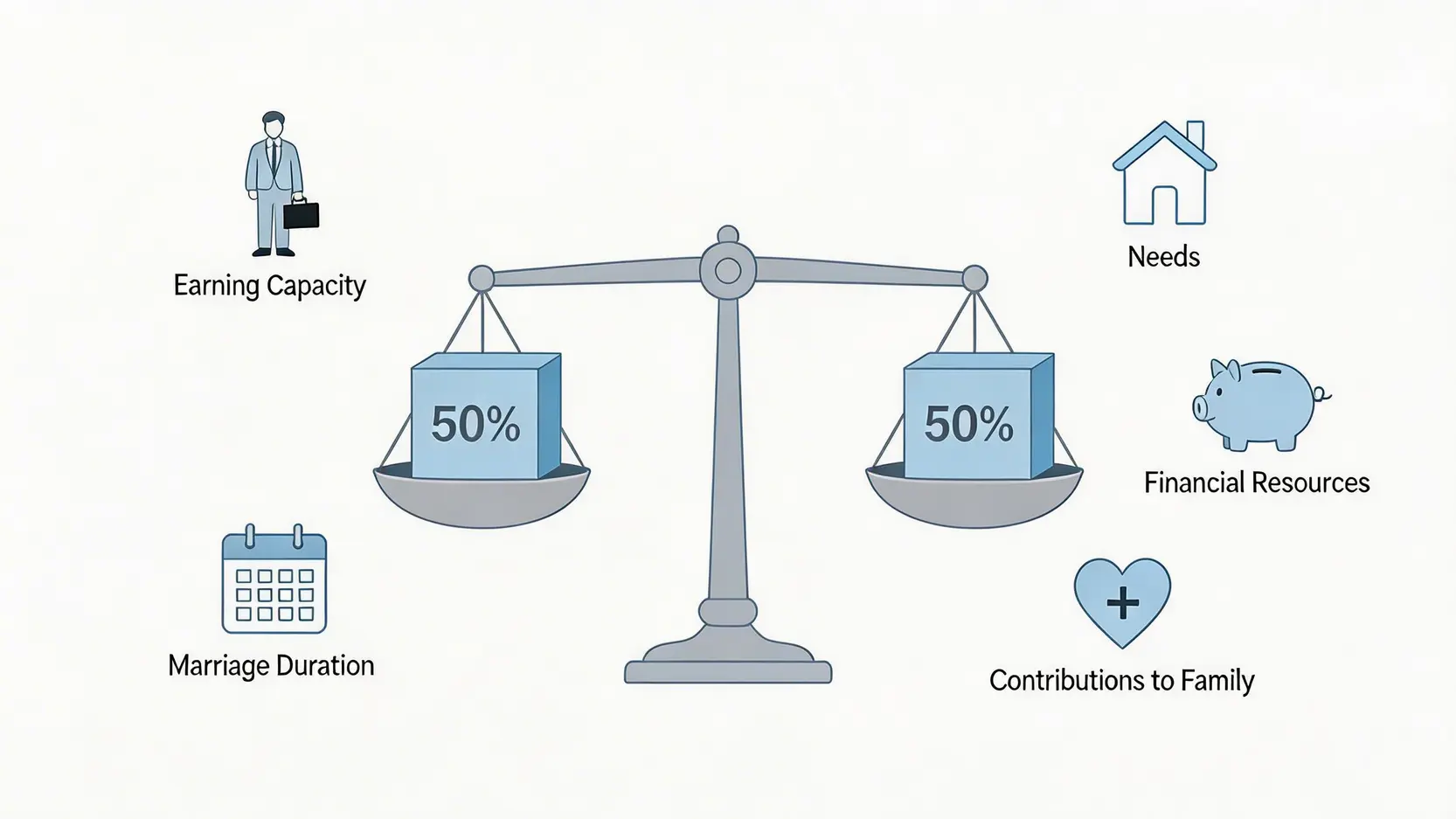 一張圖解香港離婚財產分配的公平原則,中間是一個50/50的平衡天秤,周圍環繞著影響最終分配的各種因素圖標。