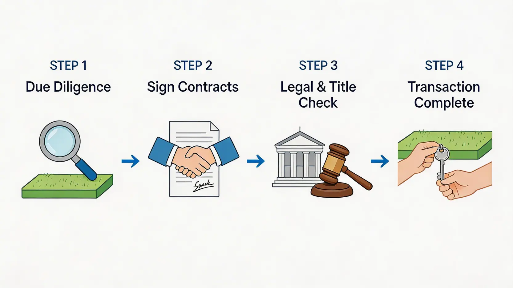 香港農地買賣流程四步驟圖解,包含尋找地皮、簽訂合約、律師審查及完成交易。