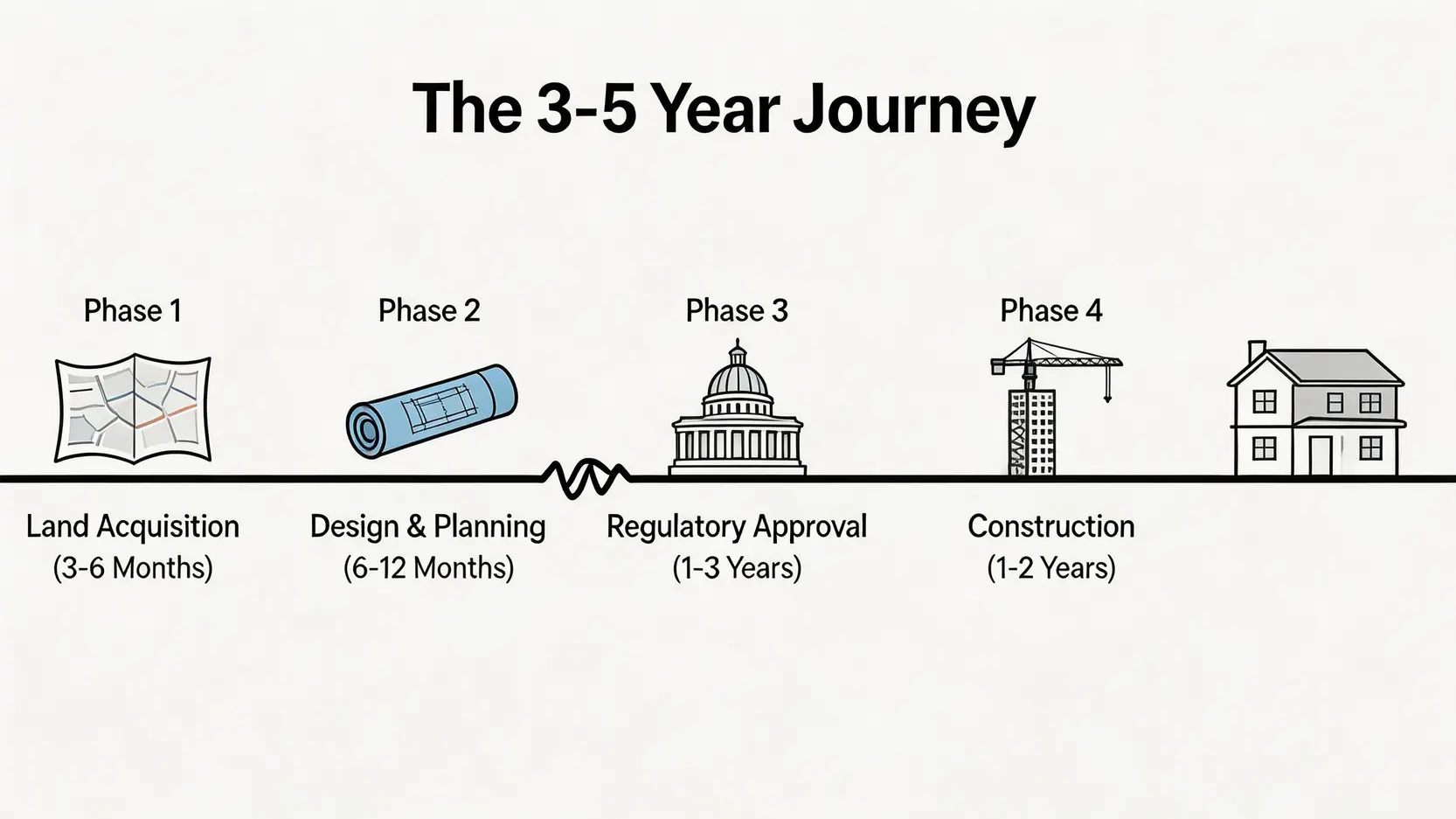 從買地到建屋入住的完整時間軸,展示了土地購入、規劃設計、政府審批及建築施工各階段所需時間。