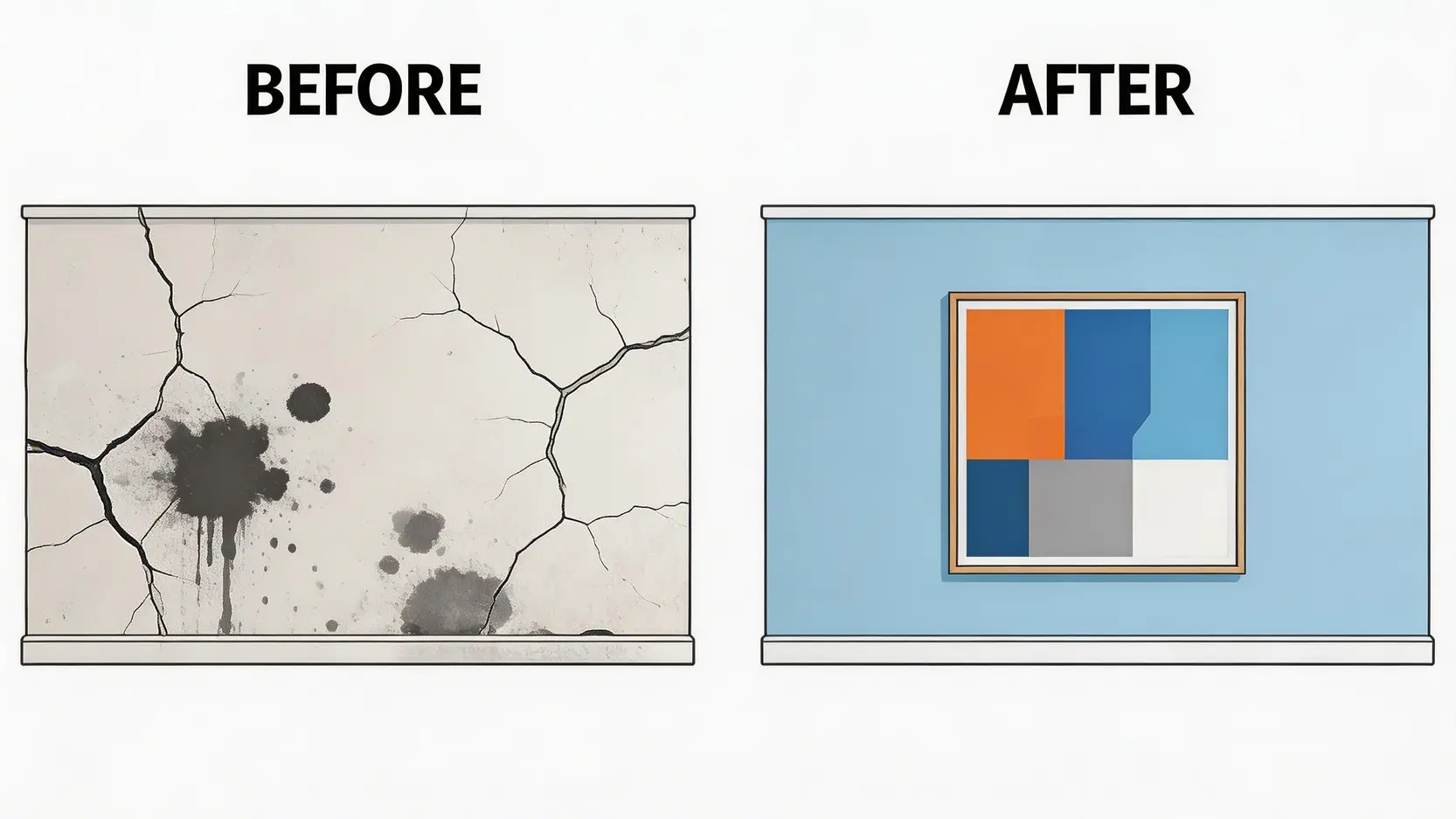 一張對比圖,展示了「化妝樓」如何用新油漆和裝飾畫來掩蓋牆壁的裂縫和水漬。