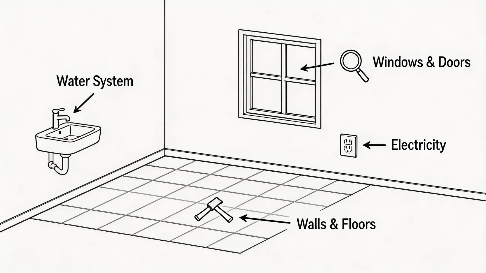 一張公寓房間的剖面圖,用圖標標示出驗樓時需要檢查的四個核心區域:水喉、電力、門窗和牆壁地板。