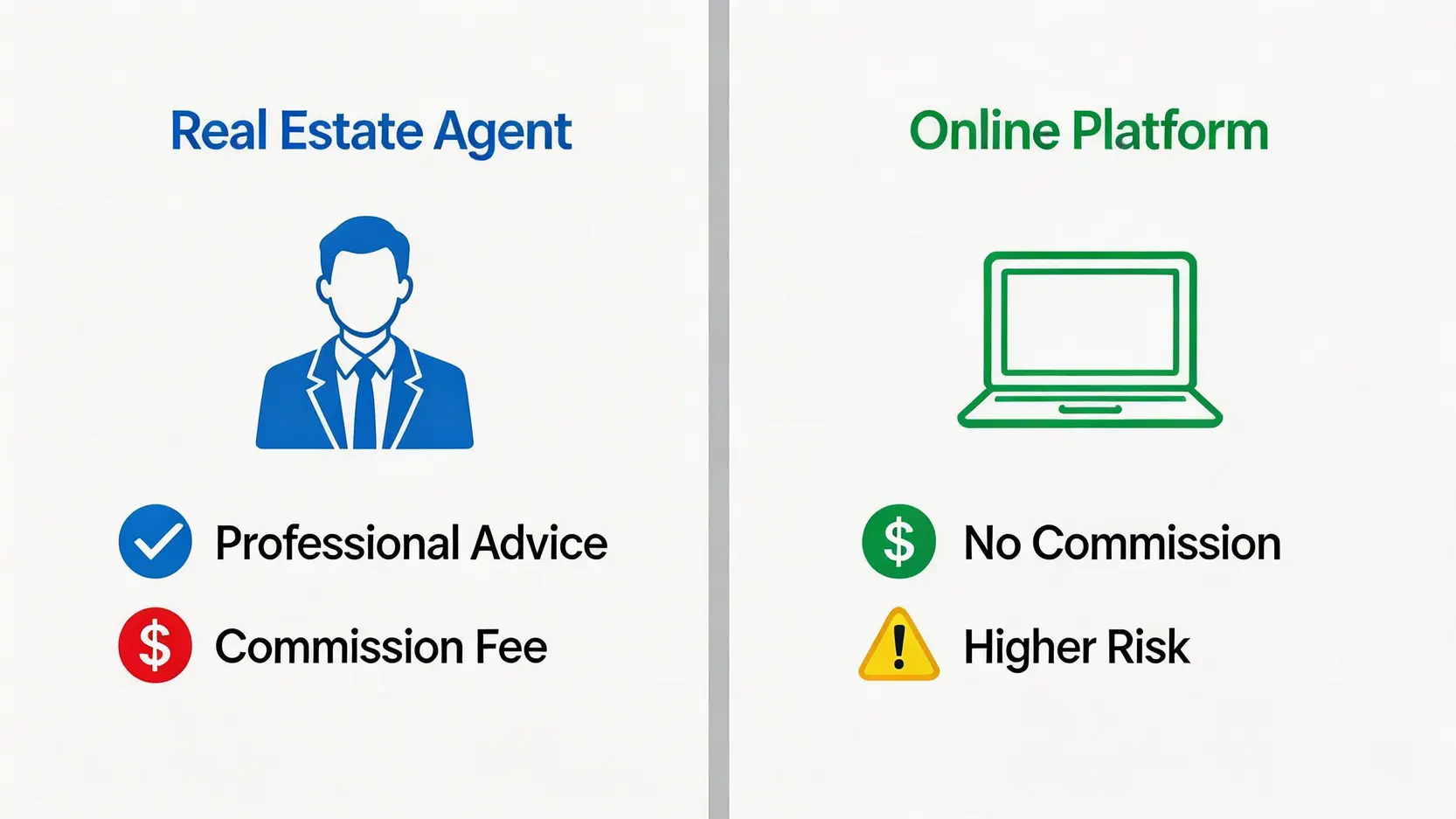 一張對比圖,比較透過地產代理和網上平台租屋的優點與缺點。