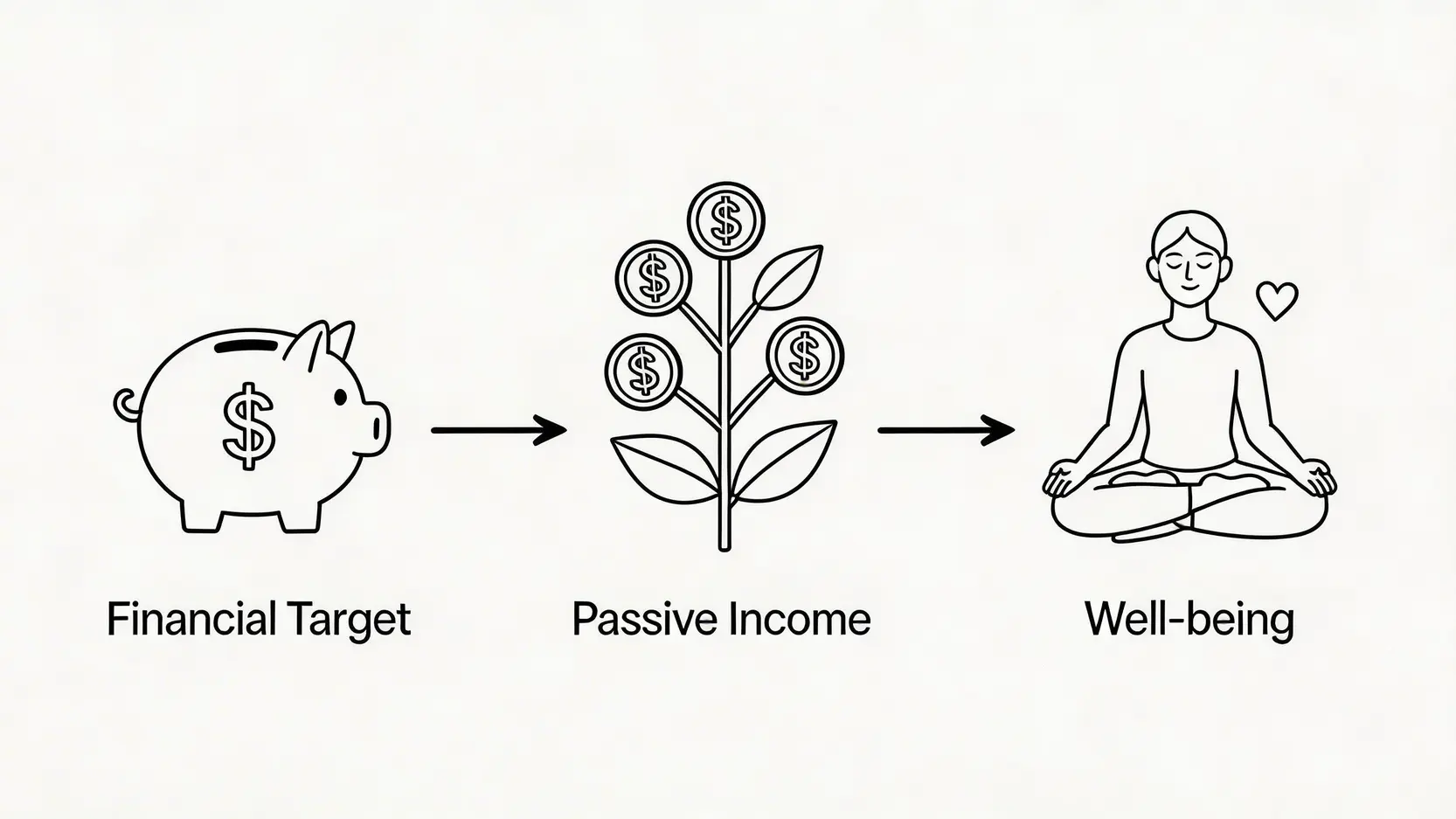 提早退休需要滿足的三大核心條件圖示:財務目標、被動收入和身心健康。
