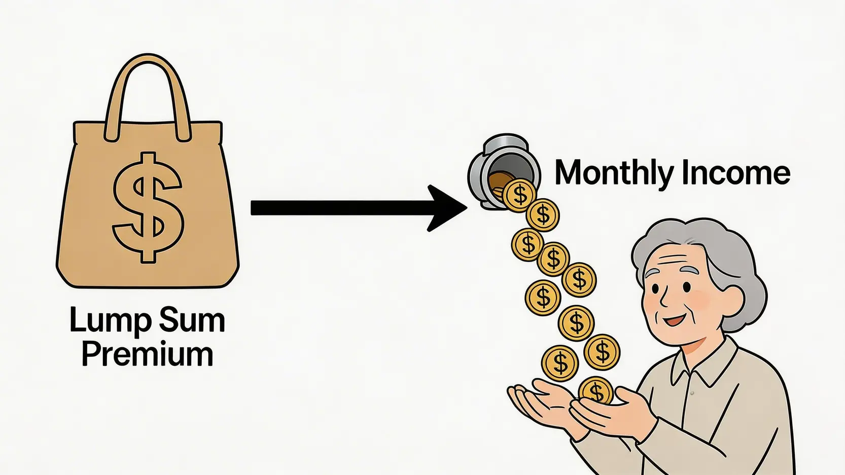 公共年金運作原理示意圖:一次性投入的整筆保費轉化為終身的每月穩定現金流。