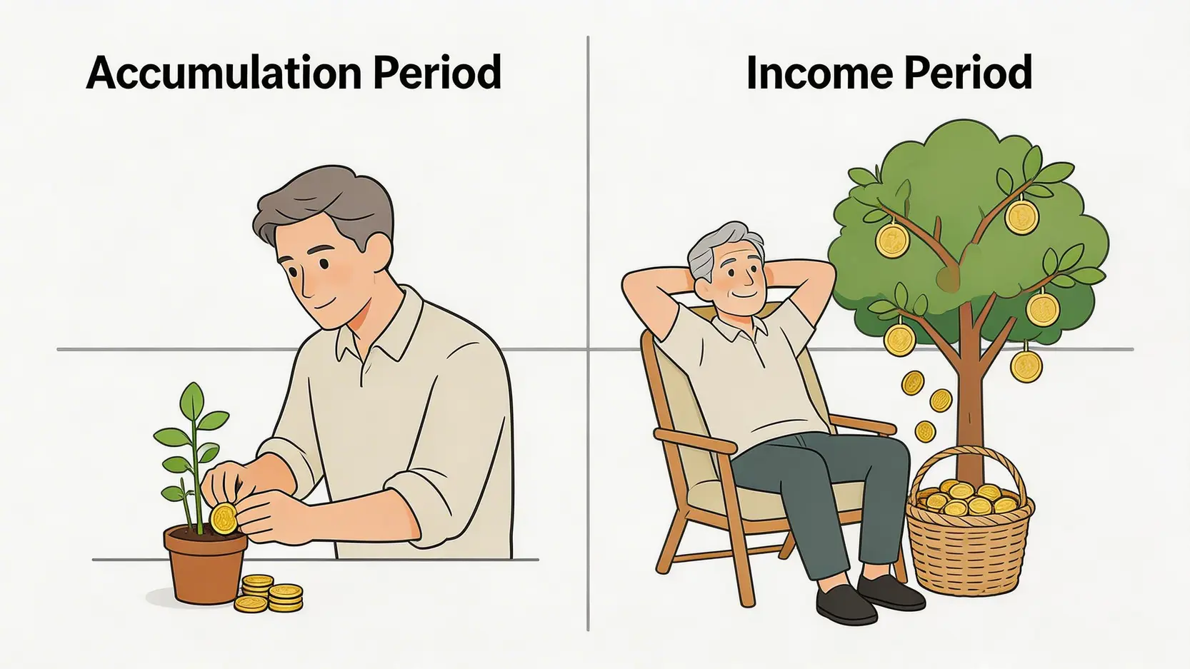 可扣稅延期年金(QDAP)的兩個階段示意圖:累積期投入資金讓資產增值,然後在入息期領取回報。