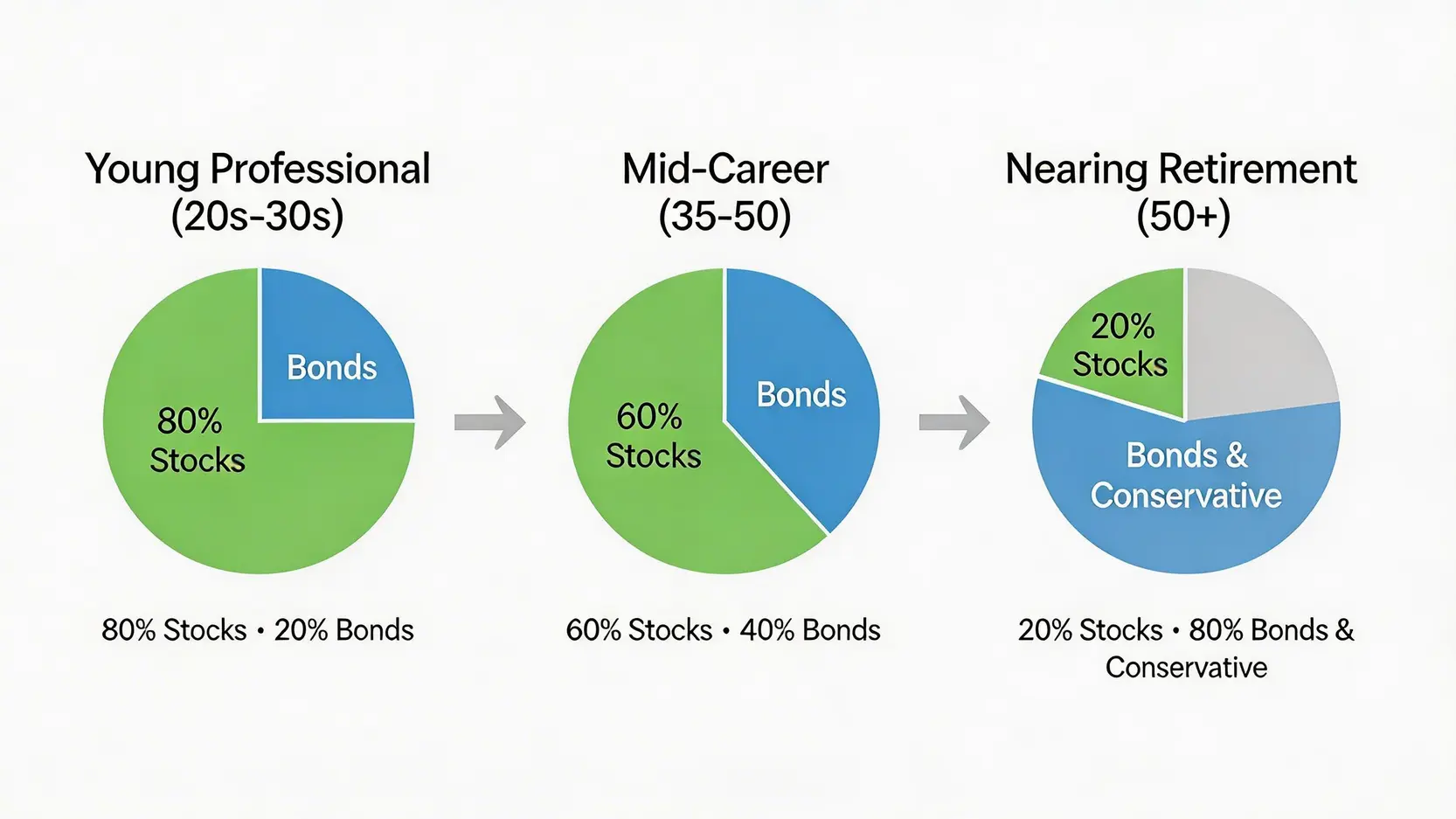 不同人生階段的強積金投資策略資產配置圖,顯示從年輕時期的進取型股票配置,到臨近退休時期的保守型債券配置轉變。