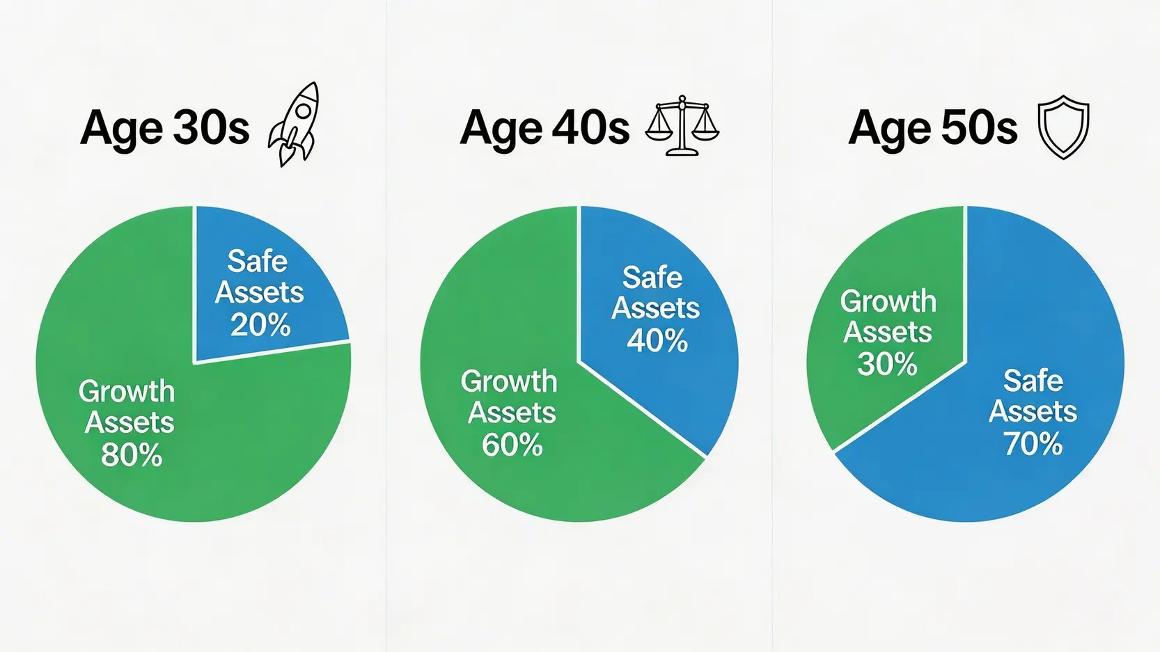 一張資訊圖表比較30、40、50歲不同年齡層的建議資產配置,顯示股票等增長型資產與債券等保守型資產的比例變化。