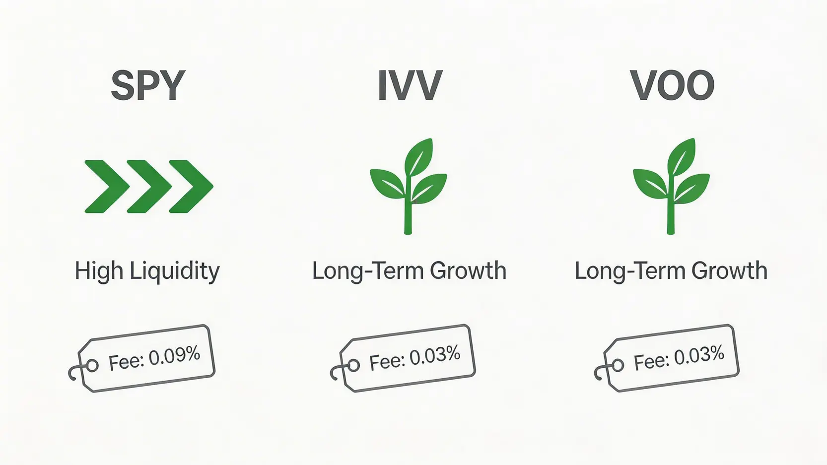 比較美國三大標普500 ETF:SPY、IVV、VOO在費用率和流動性上的主要分別。