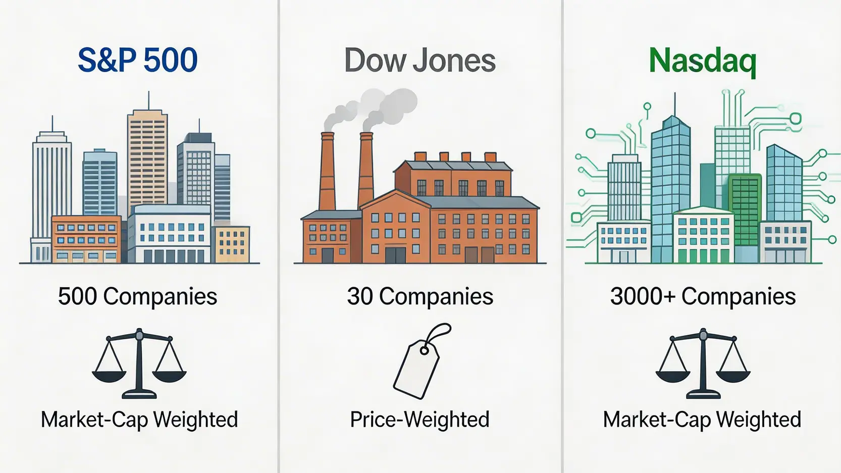 標普500、道瓊斯與納斯達克三大美股指數核心區別對比圖