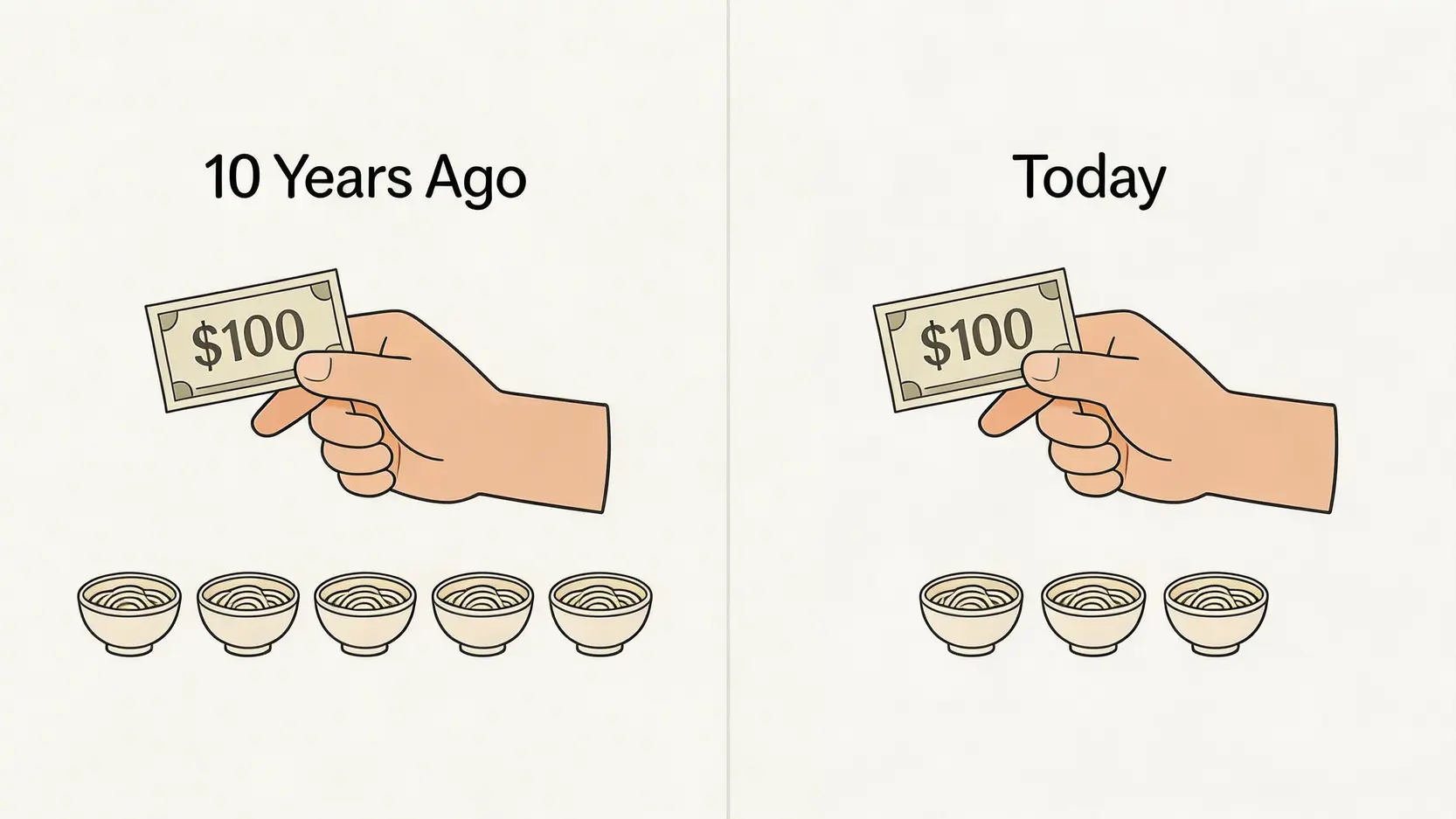 一張圖表演示通脹導致購買力下降,十年前100元可買五碗麵,如今只能買三碗。