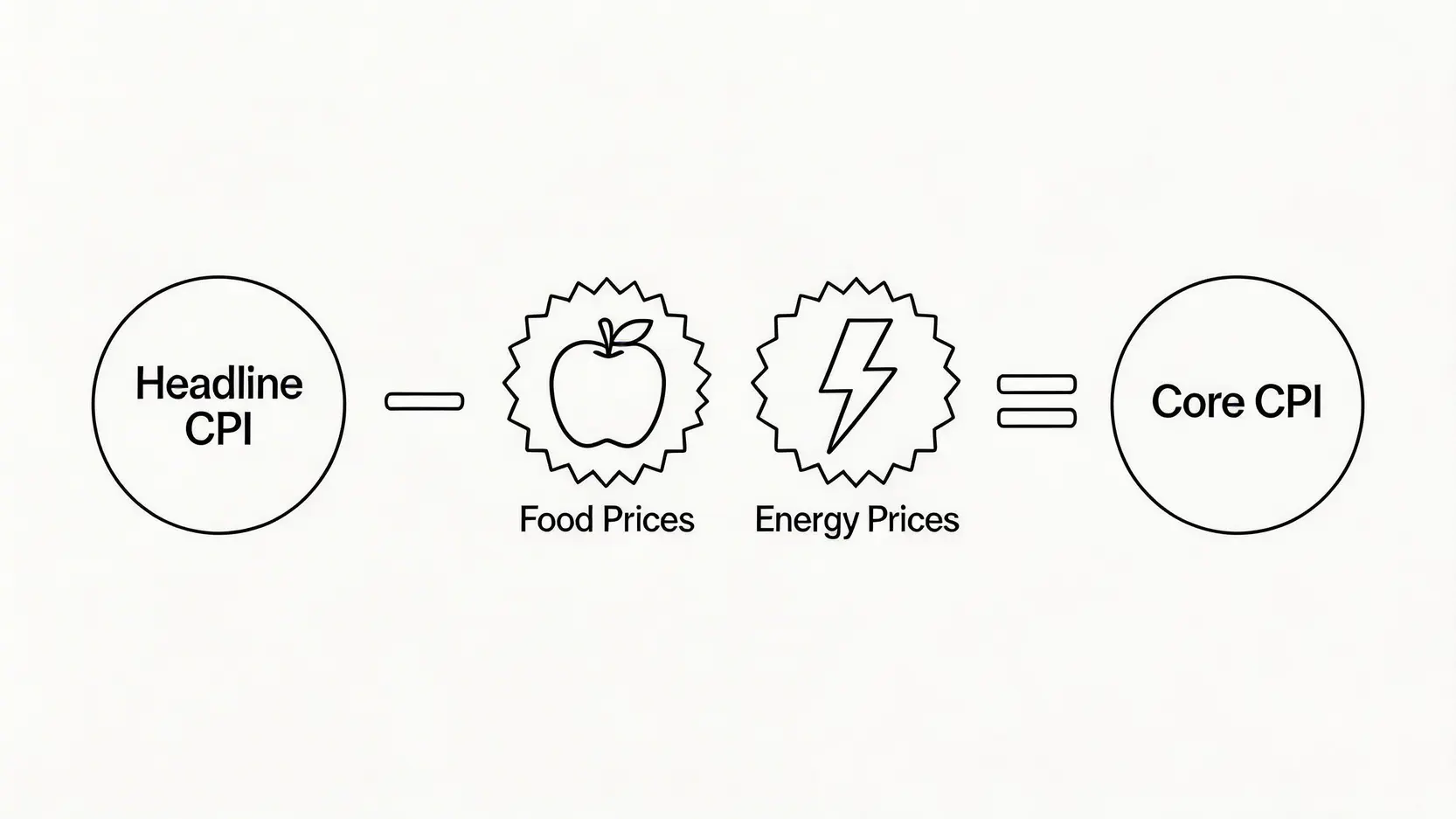 概念圖解釋核心通脹率的計算方法,即從整體CPI中減去波動較大的食品和能源價格。