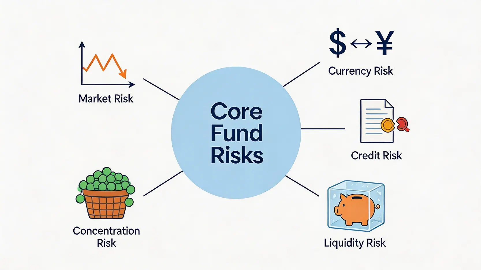 五大核心基金風險圖示,包括市場風險、貨幣風險、信貸風險、流動性風險和集中度風險。
