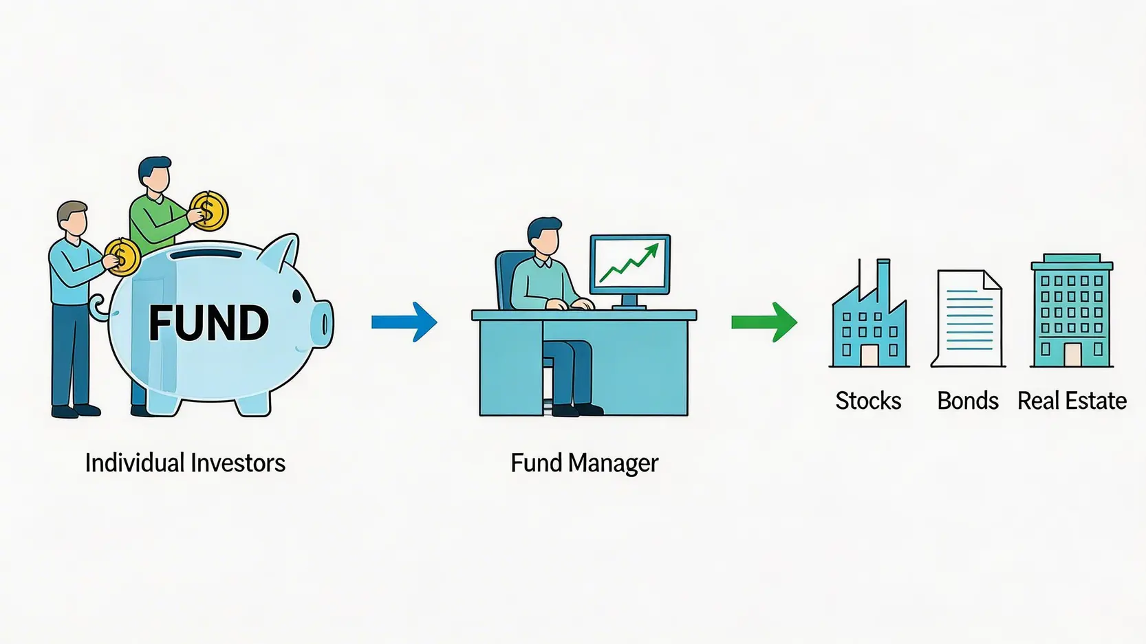 一張圖解說明基金運作原理的示意圖,顯示投資者的資金匯集後,由基金經理投資於股票、債券等多種資產。