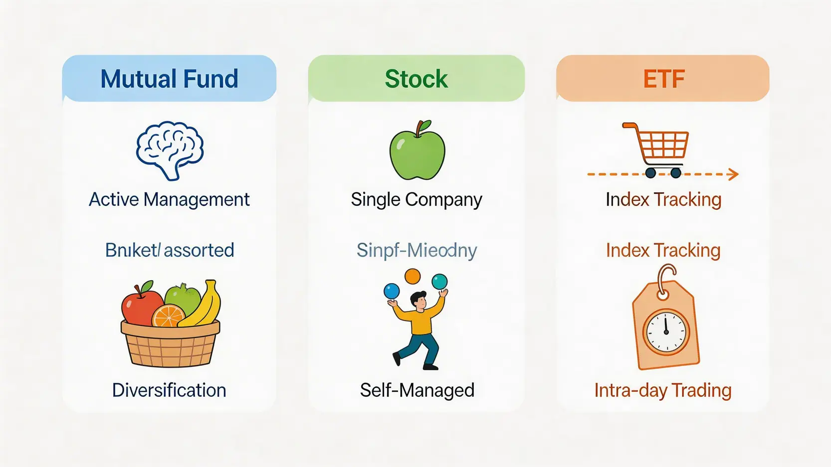 一張比較基金、股票和ETF三種投資工具的對比圖,突出它們在管理方式和風險分散上的主要差異。