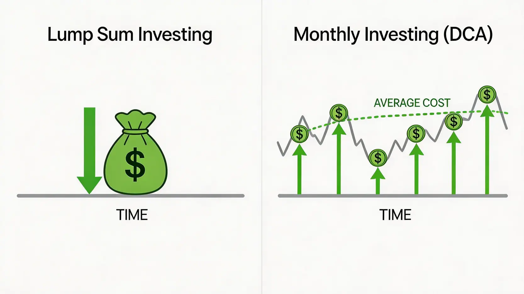一張對比單次買入與月供基金投資策略的示意圖,展示了月供基金如何透過平均成本法在市場波動時分散風險。