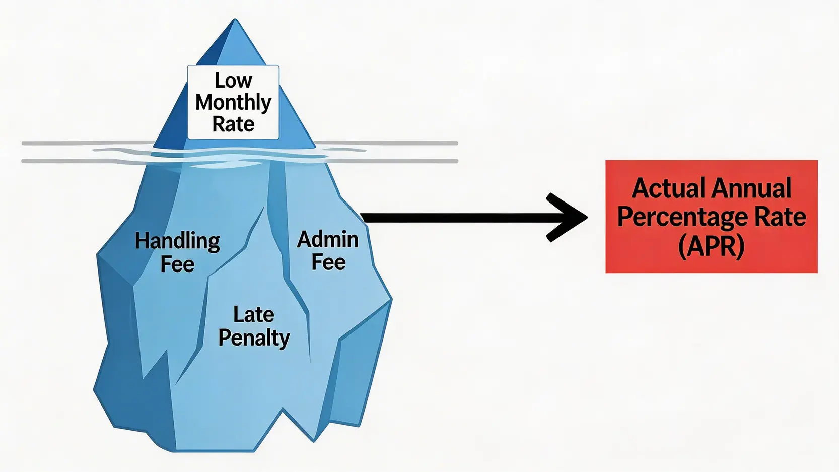 一張冰山圖,說明月平息只是表面,水面下隱藏著手續費、行政費等成本,共同構成高昂的實際年利率(APR)。