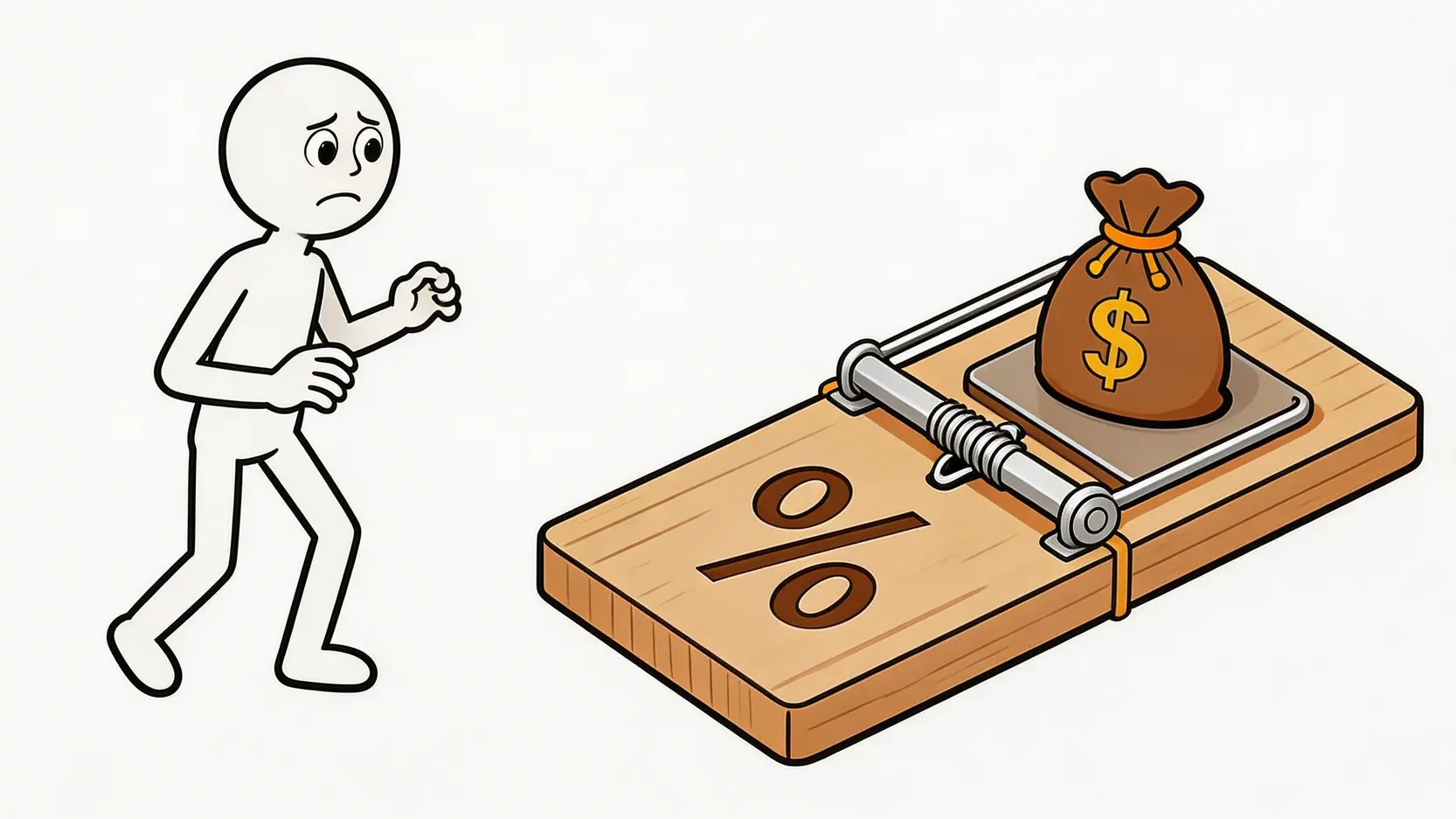 一張警示免TU貸款高利率風險的概念圖,描繪一個人走向一個被設置成陷阱的錢袋。