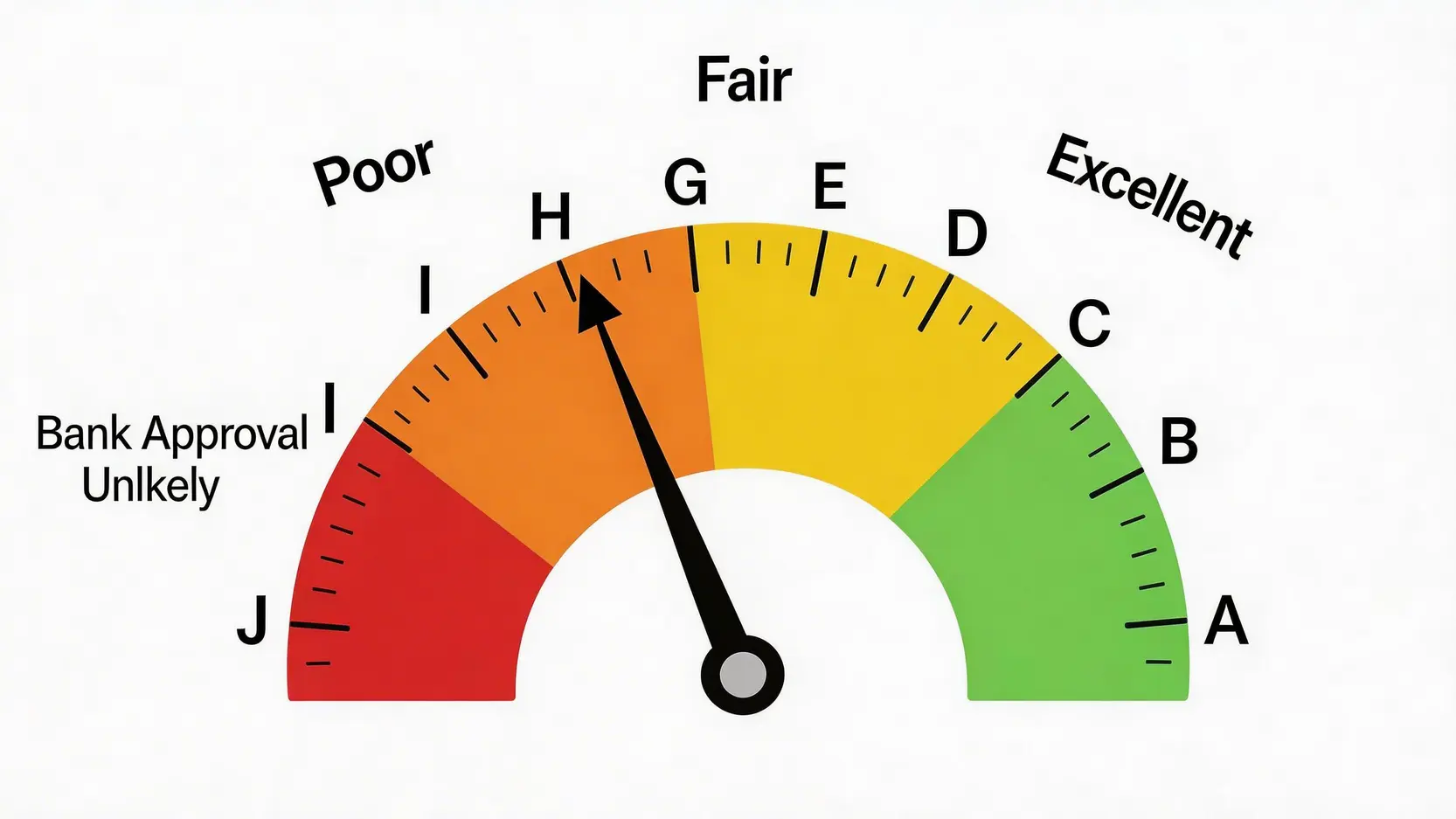 TU信貸評級A至J級的視覺化儀表圖,顯示從優良到極差的信貸健康狀況,並標示出銀行可能拒絕批核的風險區域。