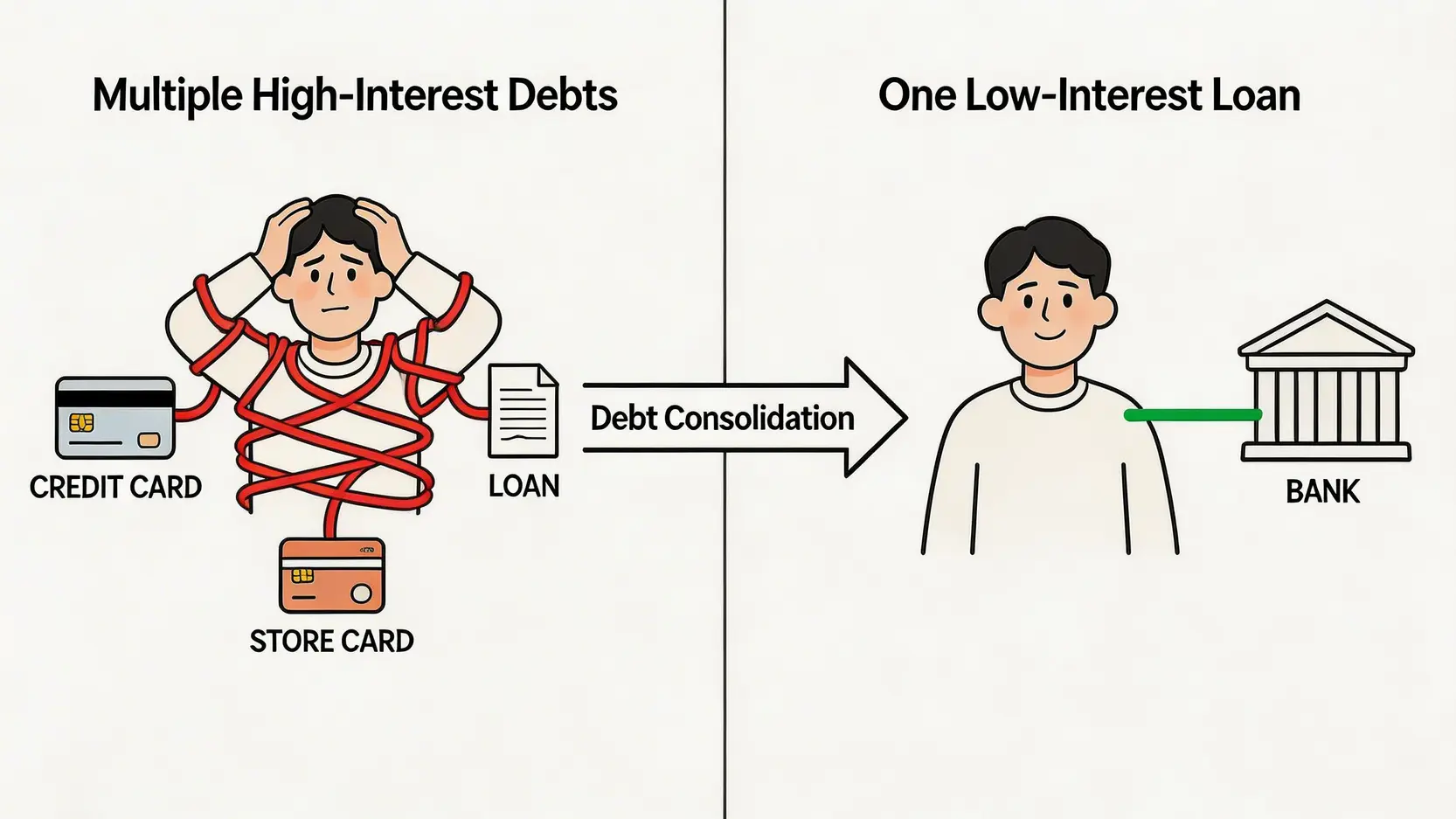結餘轉戶流程示意圖,展示如何將多筆高息債務整合為一筆低息貸款,從而簡化還款並降低利息。