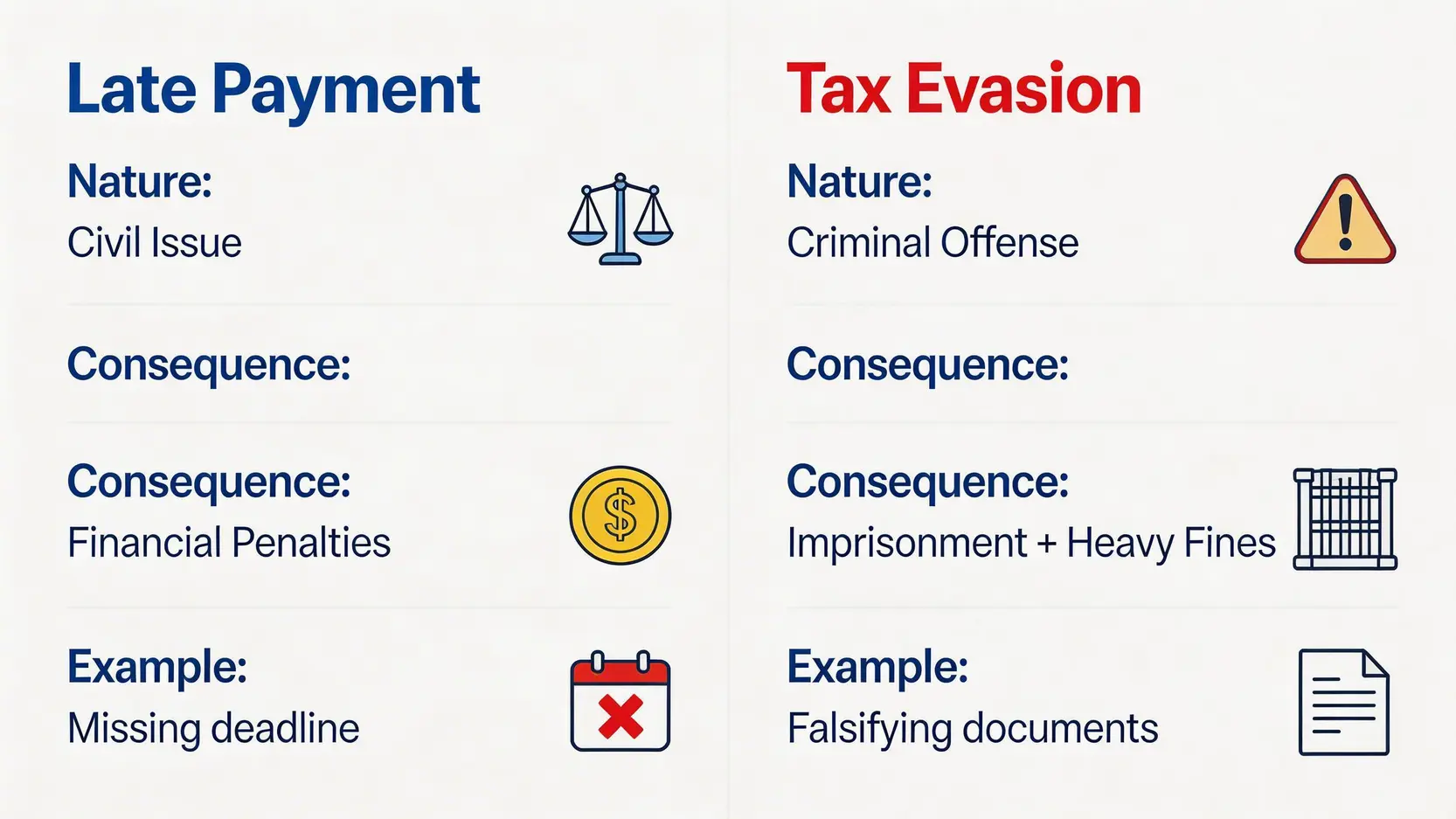 遲交稅與逃稅後果對比圖,清楚列出兩者在性質、後果及嚴重性上的分別。