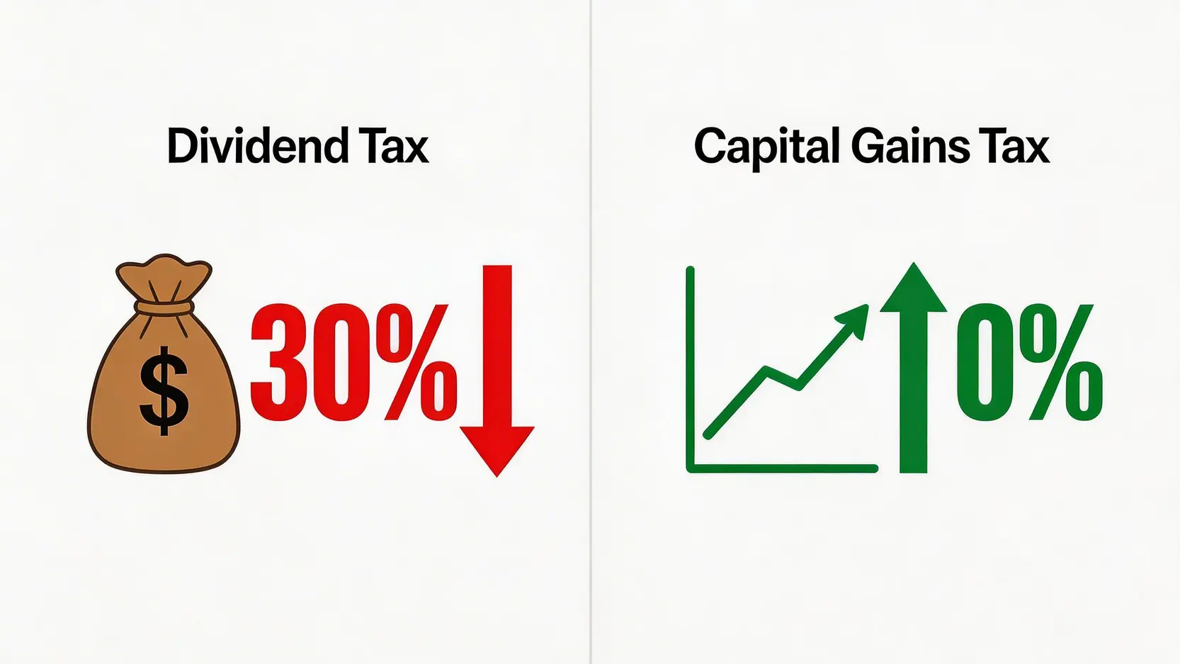 美股股息稅與資本利得稅對比圖,左邊顯示30%的股息稅成本,右邊顯示0%的資本利得稅豁免。