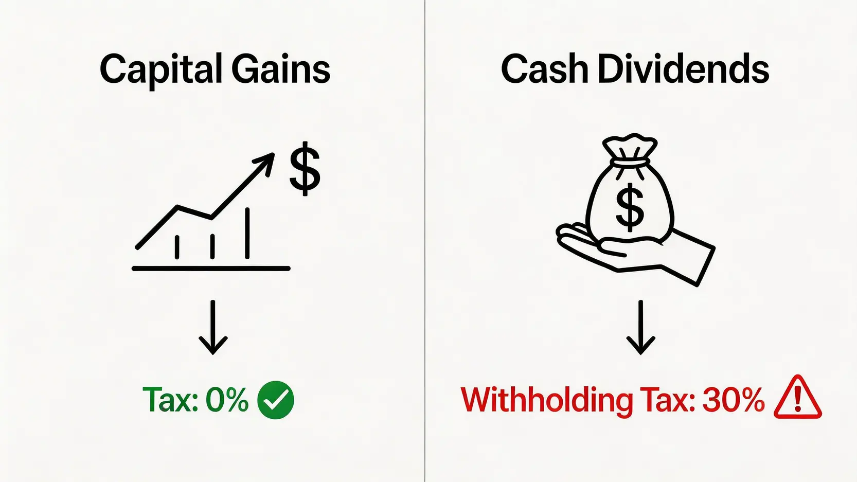 對比圖顯示香港投資者在美股投資中,資本利得免稅而現金股息需預扣30%稅款。