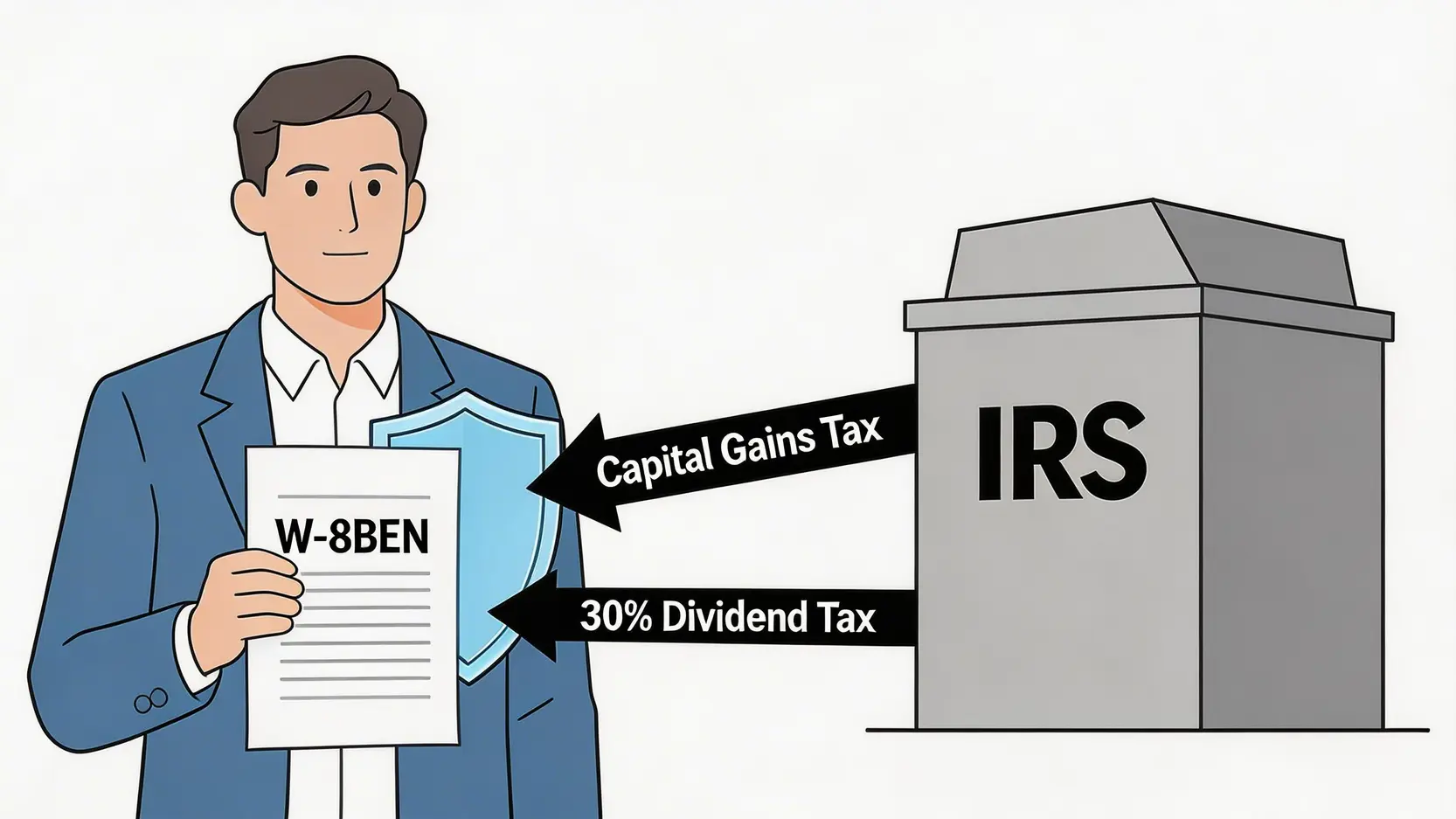 W-8BEN表格功能示意圖,顯示其如何保護香港投資者的資本利得免稅,但股息稅仍需繳納。